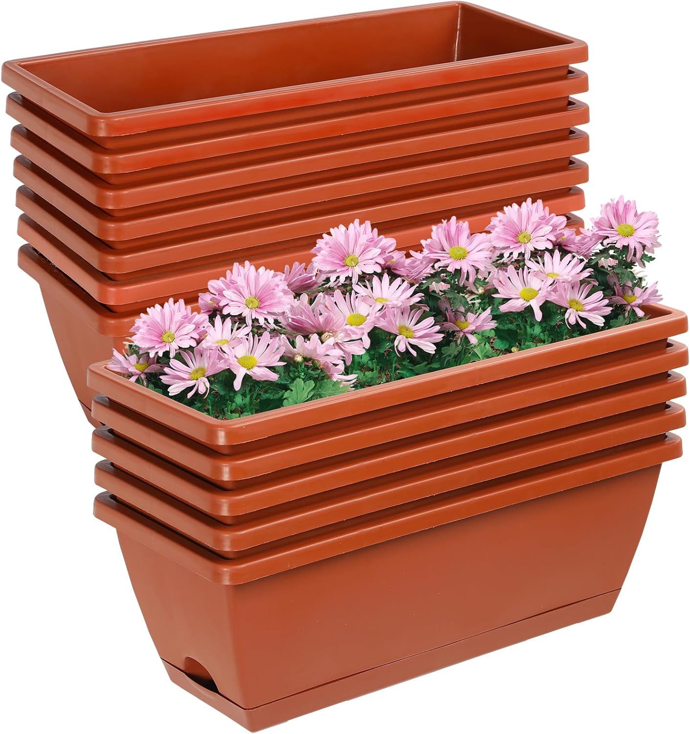 12 Pack 17 Inch Rectangle Plastic Planter Boxes with Drainage Holes & Trays – Flower Pots for Indoor & Outdoor Patio, Garden, Porch & Home Decor