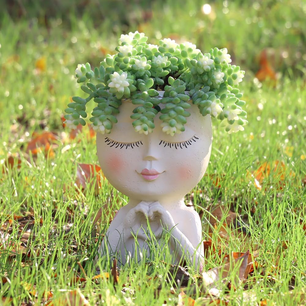 7.3" Heart Hands Face Planter Pot, Resin Head Planter with Drainage Hole, Cute Succulent Planter for Indoor Plants, Gardening Gift for Women, Mom & Teacher