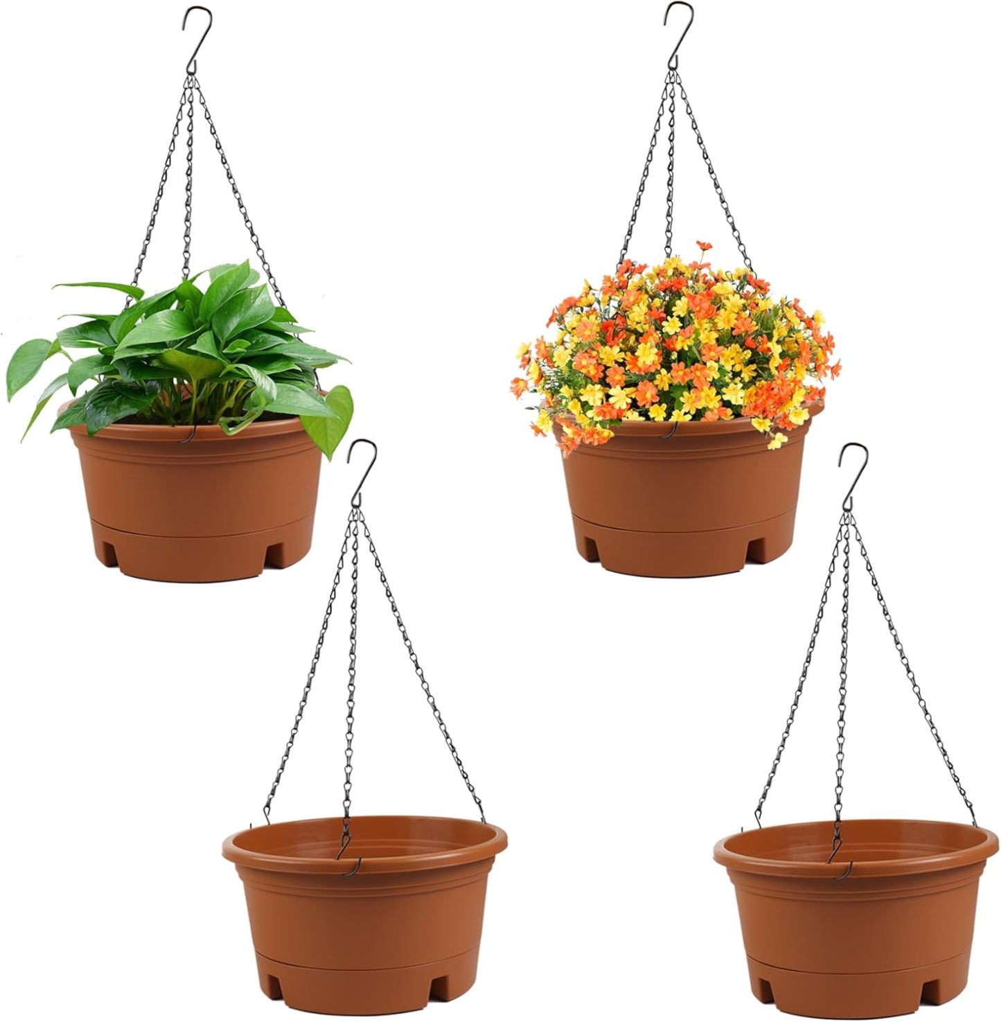 4 Pack 10 Inch Hanging Planters, Round Plastic Hanging Baskets with Removable Tray and 15.7 Inch Metal Chain, Indoor Outdoor Hanging Flower Pots for Garden Porch Balcony Patio Decor