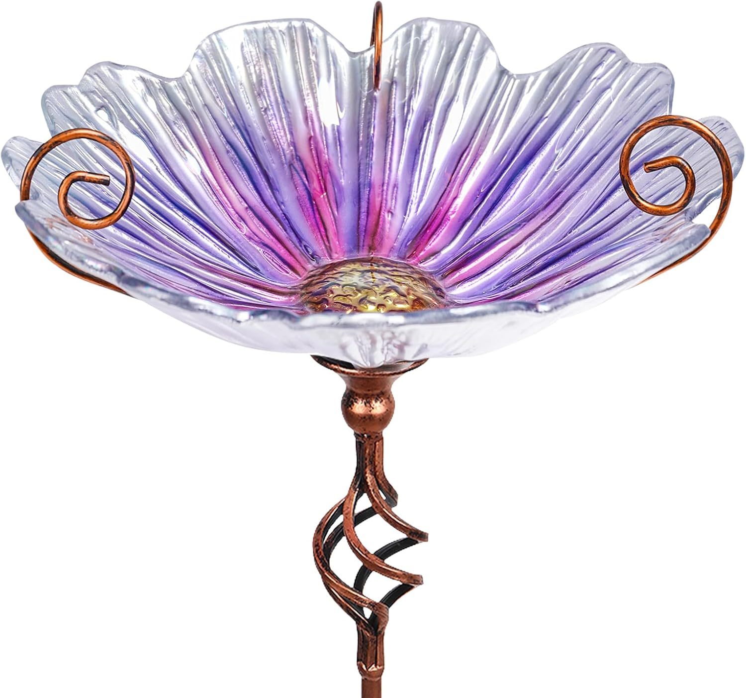 31 Inch Height Glass Birdbath Bird Feeder with Metal Stake, Blue Outdoor Garden Yard Decor