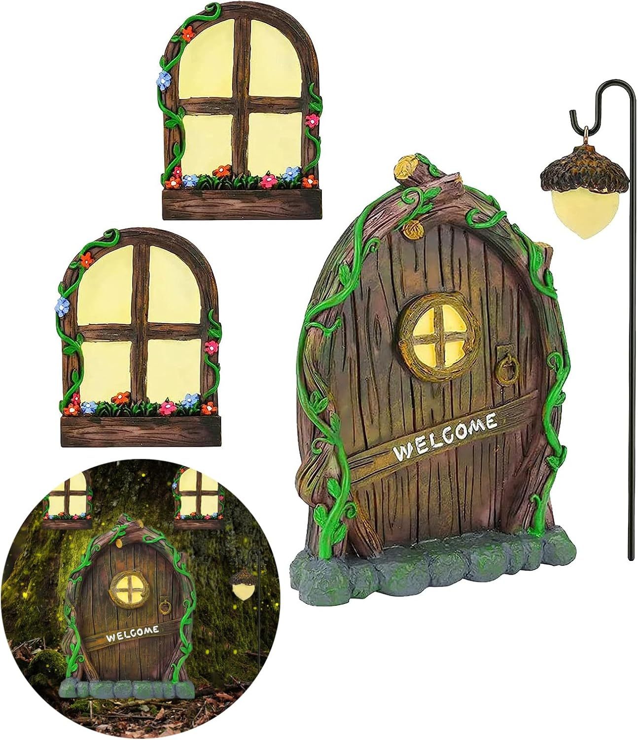 Glow in the Dark Fairy Door & Windows for Trees, Miniature Garden Decor with Lantern, Outdoor Yard Lawn Sculpture Ornament