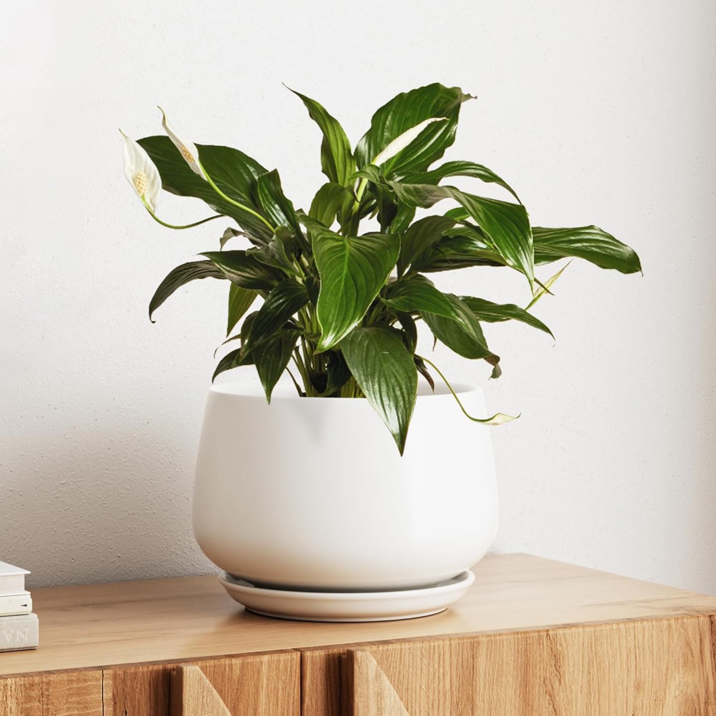10 Inch Ceramic Planter with Drainage Hole & Saucer – Reactive Glaze Beige Indoor Plant Pot for Modern Home Decor