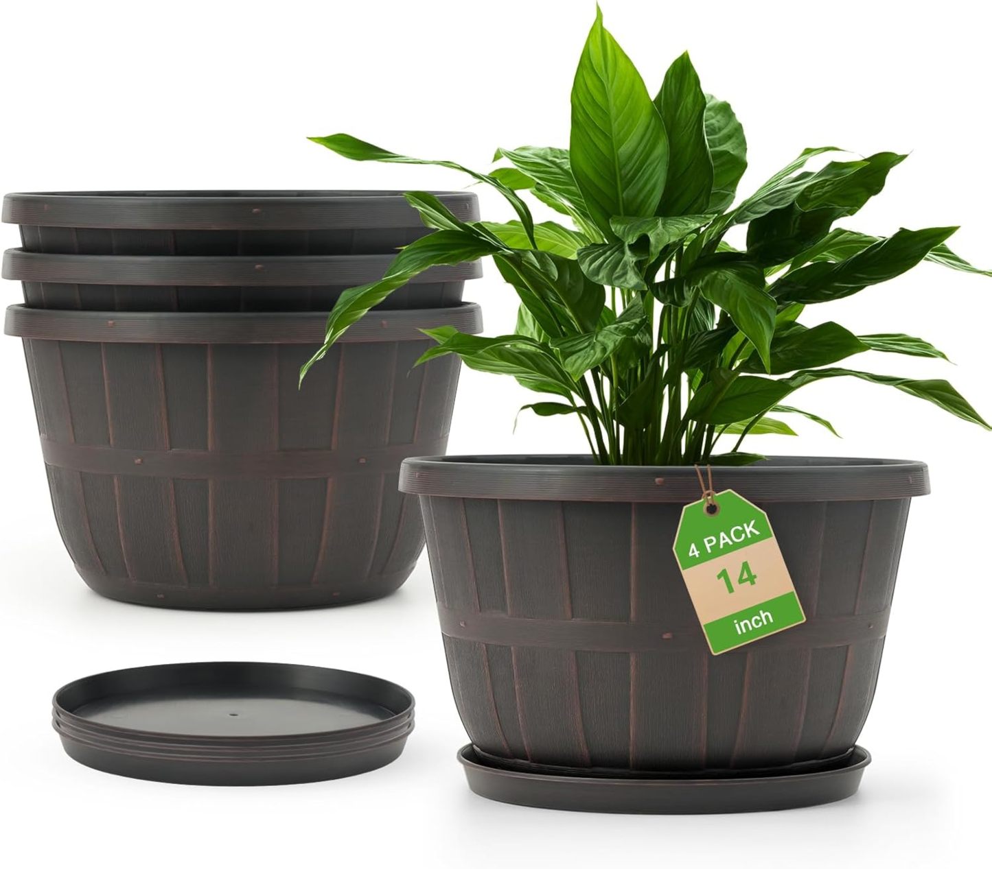 10 Inch Plastic Flower Pots 4 Pack, Large Outdoor Planter Pots with Drainage Holes & Saucers, Imitation Wine Barrel Design, Brown Planters for Indoor & Outdoor Garden Plants