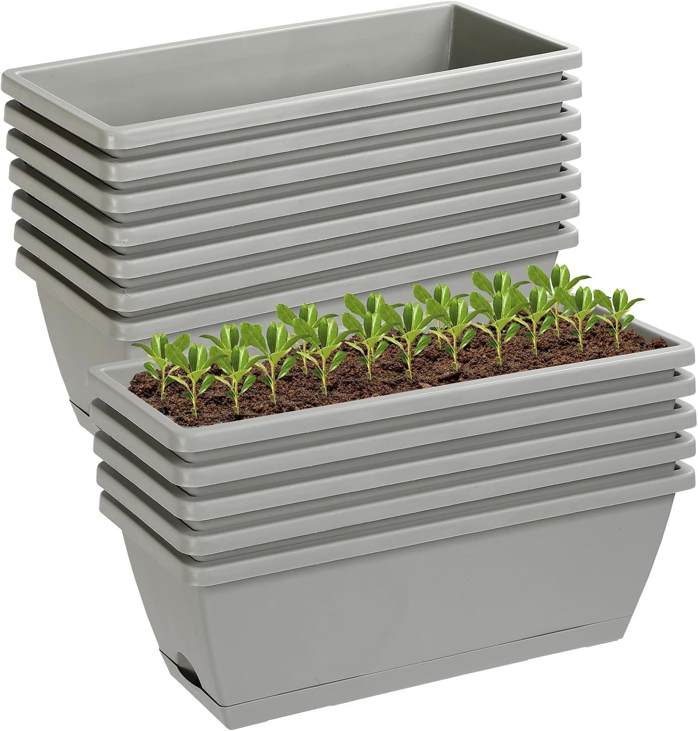 12 Pack 17 Inch Rectangle Plastic Planter Boxes with Drainage Holes & Trays – Flower Pots for Indoor & Outdoor Patio, Garden, Porch & Home Decor