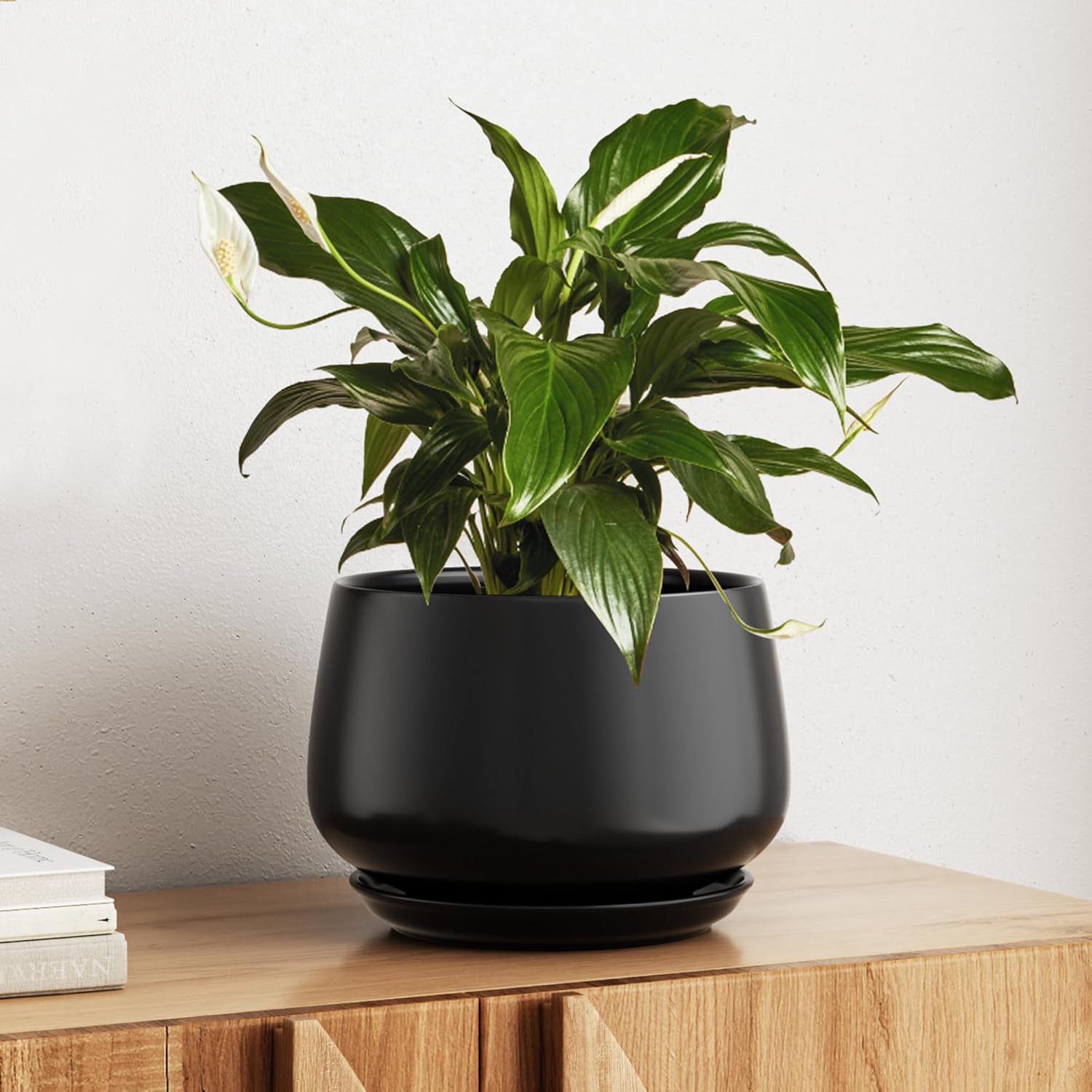 10 Inch Ceramic Planter with Drainage Hole & Saucer – Reactive Glaze Beige Indoor Plant Pot for Modern Home Decor