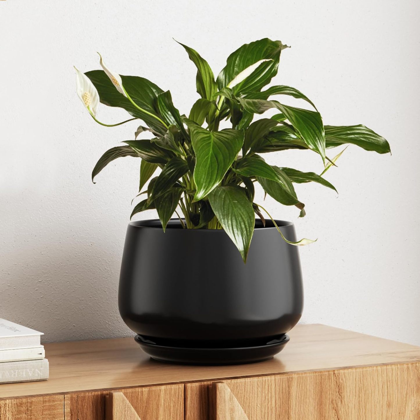10 Inch Ceramic Planter with Drainage Hole & Saucer – Reactive Glaze Beige Indoor Plant Pot for Modern Home Decor
