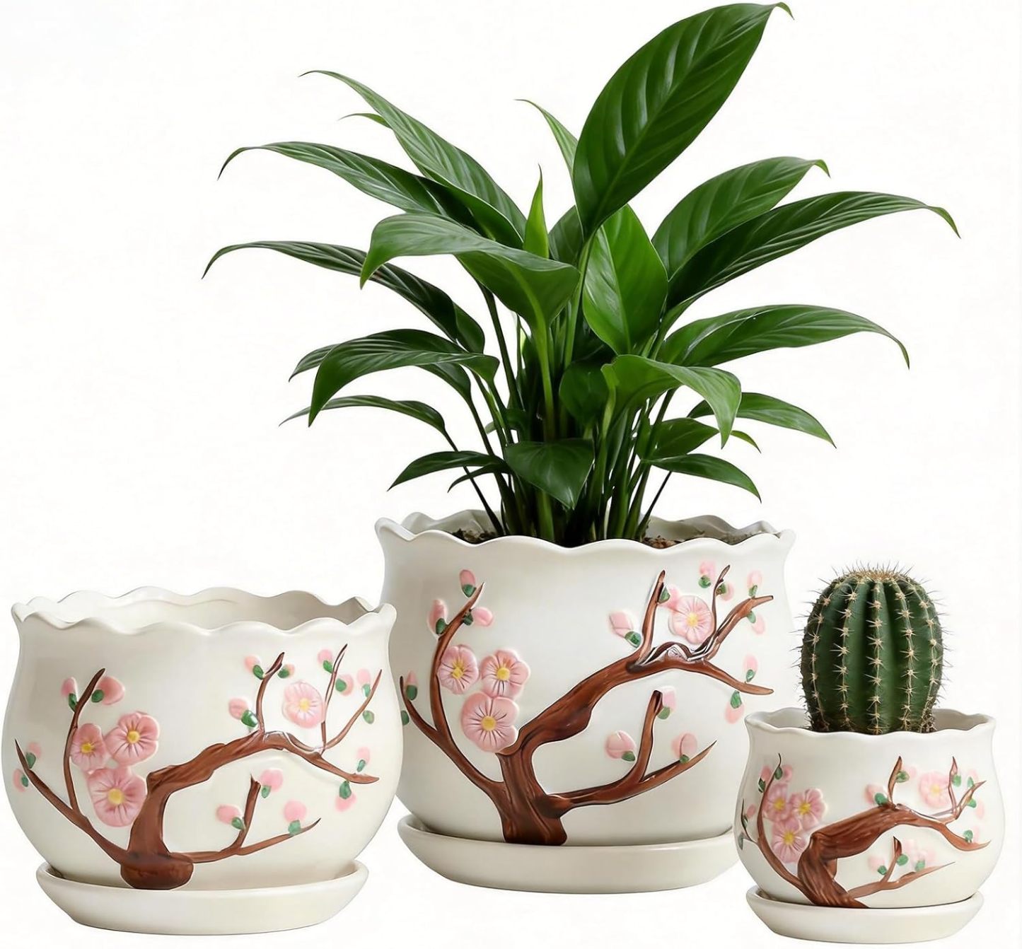 Set of 3 Vintage Ceramic Flower Pots, Round Retro Planters with Drainage Holes & Saucers, 6.7/5.2/3.9 Inch Plant Pots for Indoor Plants