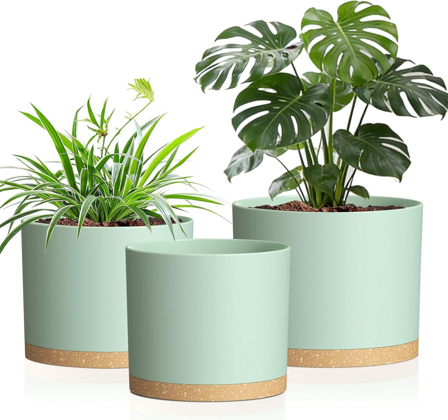 10/9/8 Inch Modern Cylinder Plant Pots with Drainage Holes & Trays, 3 Pack Minimalist Planters for Indoor & Outdoor Use, Perfect for Monstera, Snake Plant & More