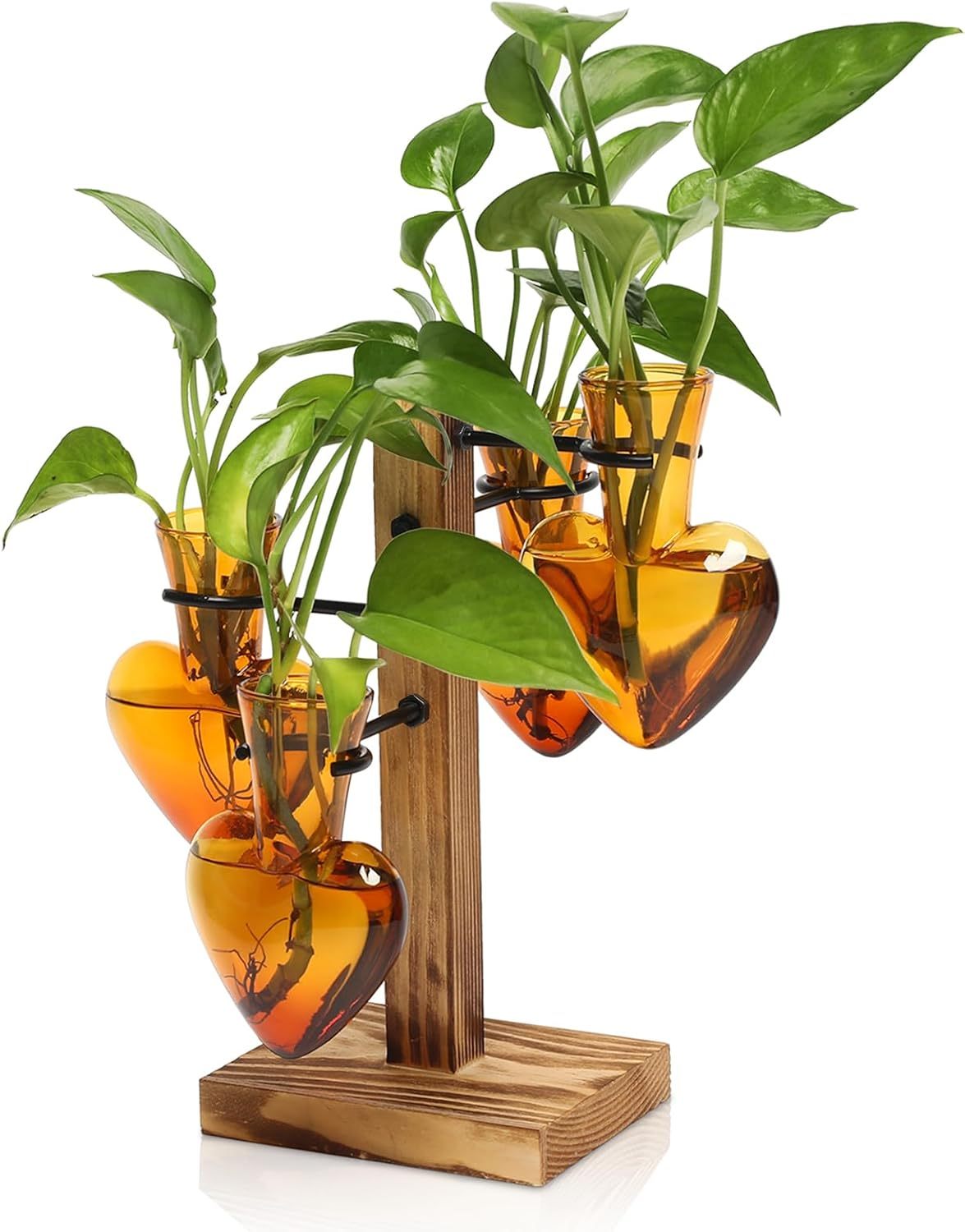 4 Pcs Love Bulb Glass Propagation Station with Wooden Stand, Hydroponic Plant Terrarium Vase, Indoor Home Office Decorative Gardening Gift for Women