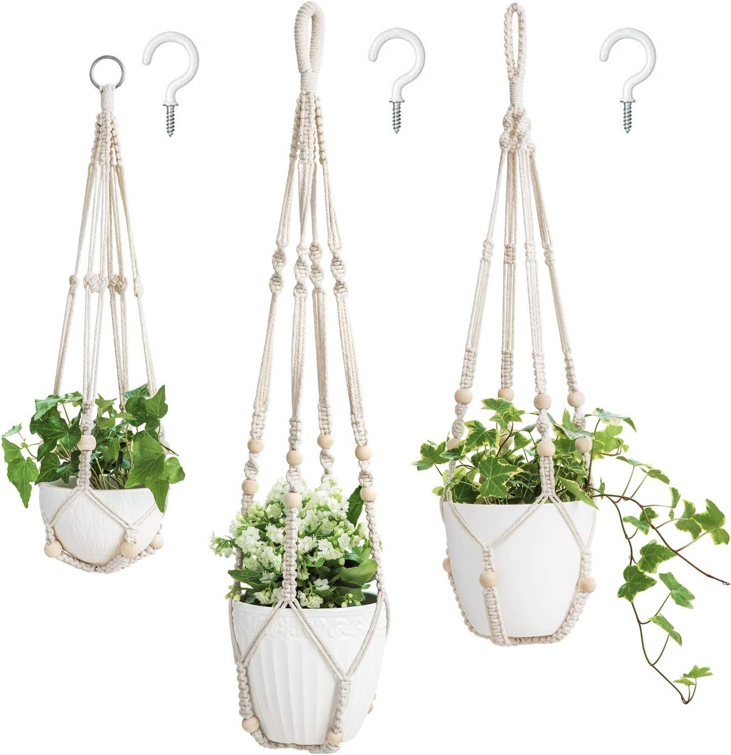 3 Pcs Tassel-Free Macrame Plant Hangers, Beaded Hanging Planter Baskets, Indoor Flower Pot Holders in 23/29/35 Inch