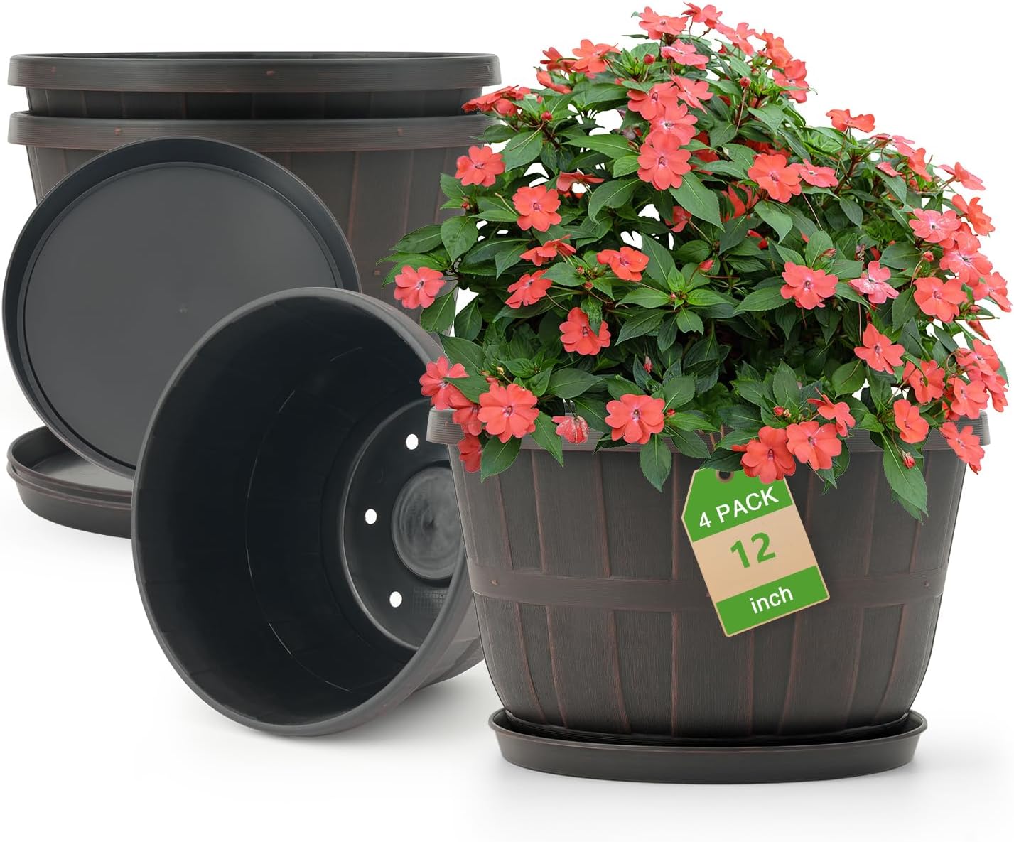 10 Inch Plastic Flower Pots 4 Pack, Large Outdoor Planter Pots with Drainage Holes & Saucers, Imitation Wine Barrel Design, Brown Planters for Indoor & Outdoor Garden Plants