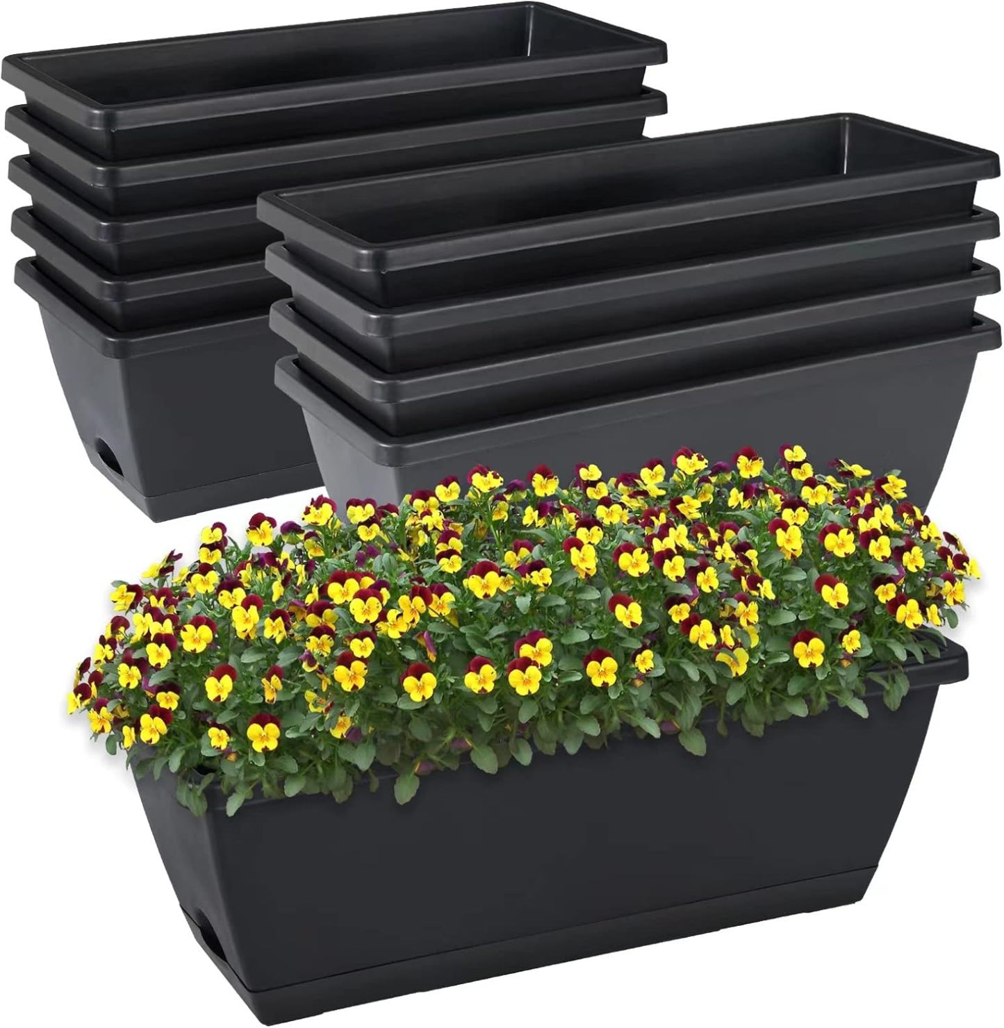 7 Pack 17 Inch Rectangular Plastic Window Box Planters with Saucers, Vegetable & Flower Planter Pots for Indoor Outdoor Garden, Patio & Home Decor