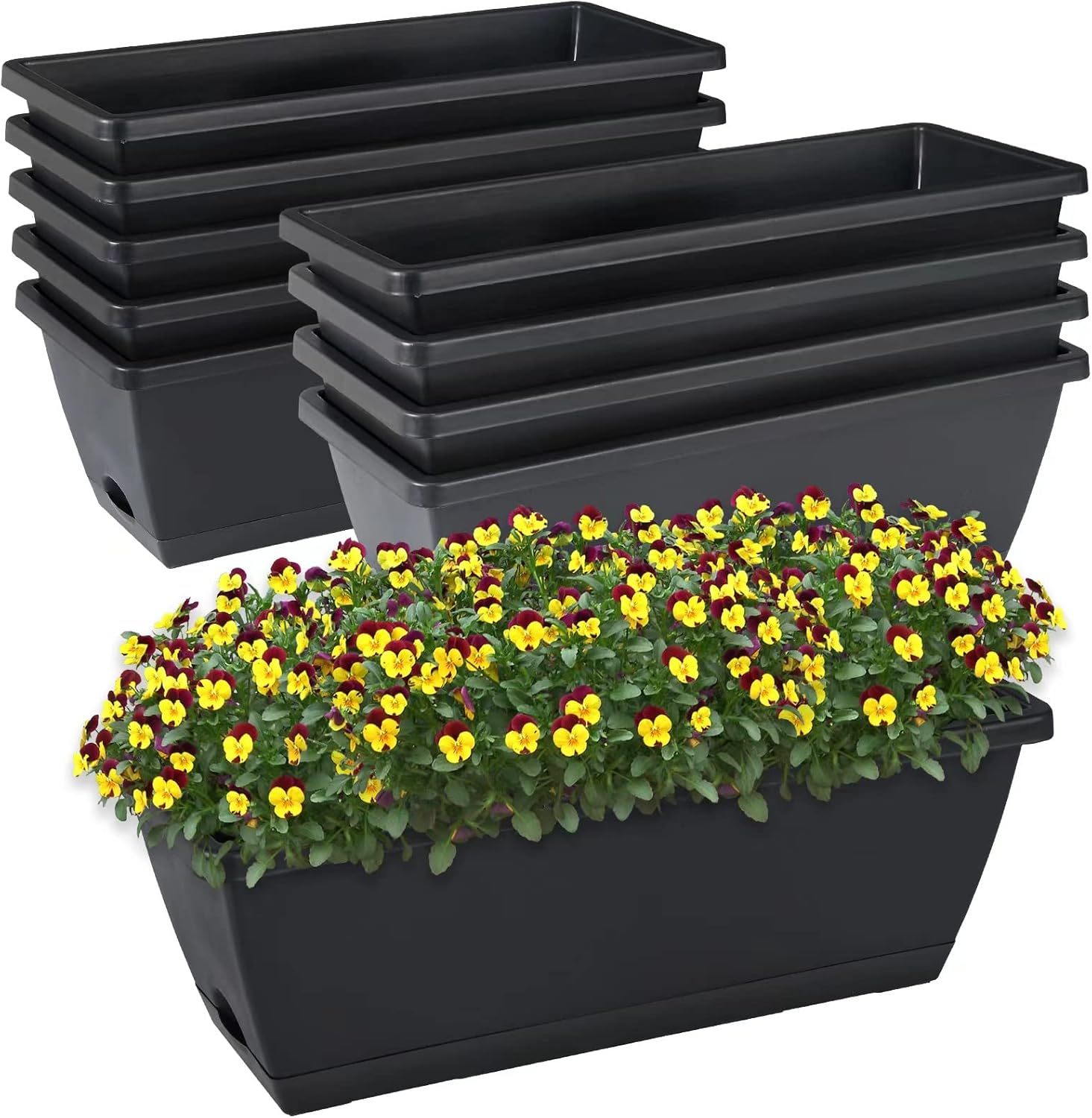 7 Pack 17 Inch Rectangular Plastic Window Box Planters with Saucers, Vegetable & Flower Planter Pots for Indoor Outdoor Garden, Patio & Home Decor