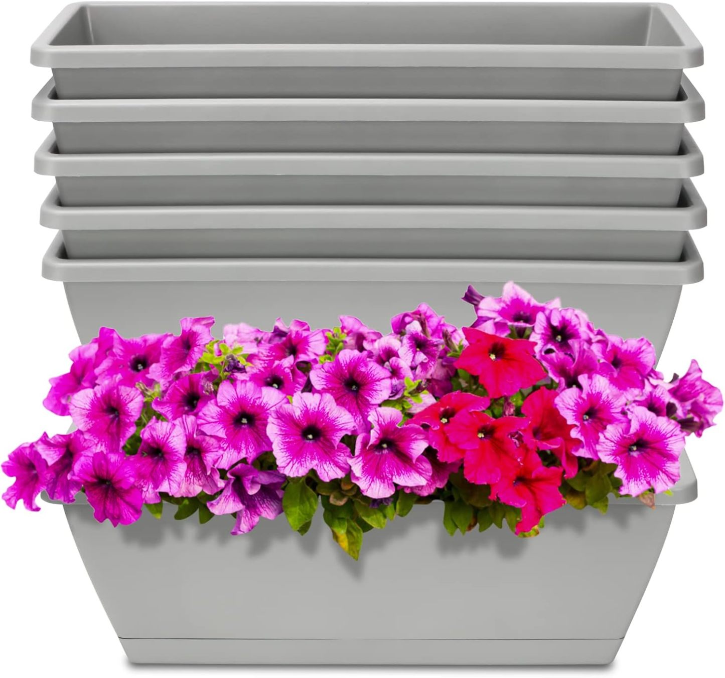6 Pack 17 Inch Rectangular Plastic Window Planter Boxes, Brick Red Plant Pots with Drainage Trays for Windowsill Balcony Garden Patio
