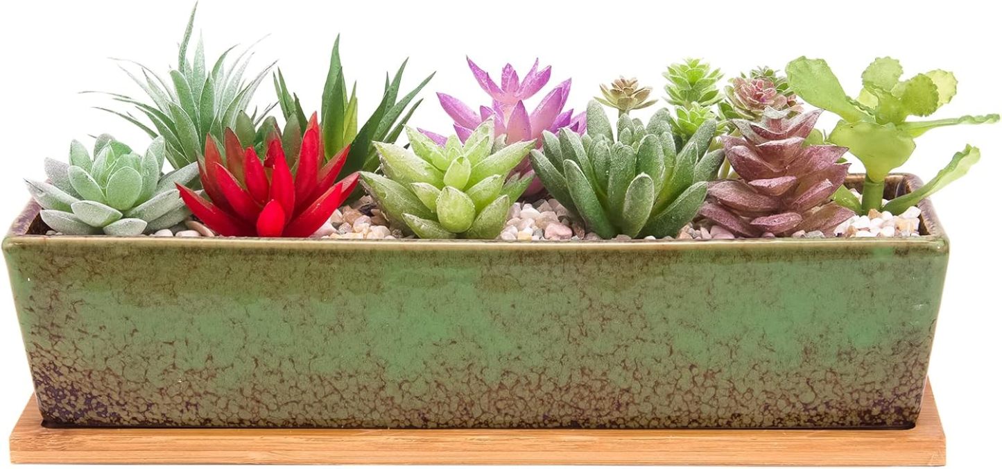 12 Inch Rectangular Ceramic Succulent Planter, Shallow Bonsai Flower Pot with Drainage Hole & Bamboo Tray, Home Garden Window Box for Cactus Plant Decor