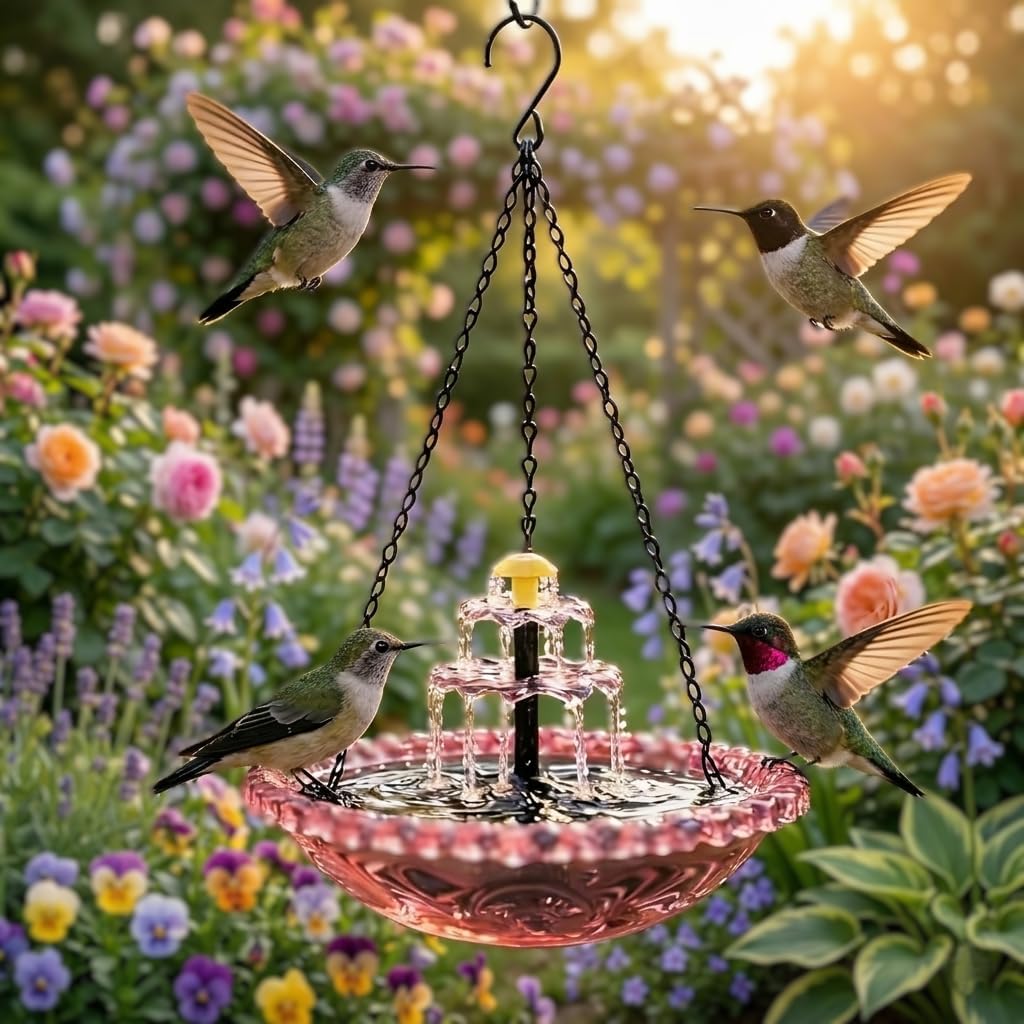 Upgrade 3-Layer Hanging Solar Bird Bath Fountain, Solar Powered Cascading Water Fountain, Outdoor Hummingbird Bath for Garden Yard Patio Backyard Lawn Decor