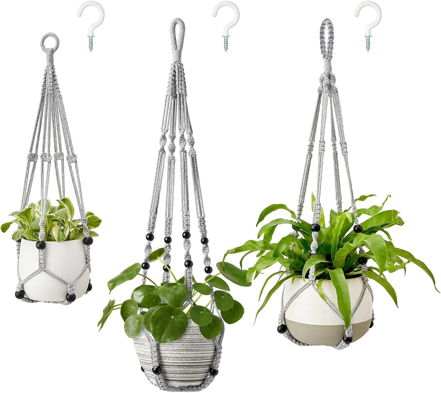 3 Pcs Tassel-Free Macrame Plant Hangers, Beaded Hanging Planter Baskets, Indoor Flower Pot Holders in 23/29/35 Inch