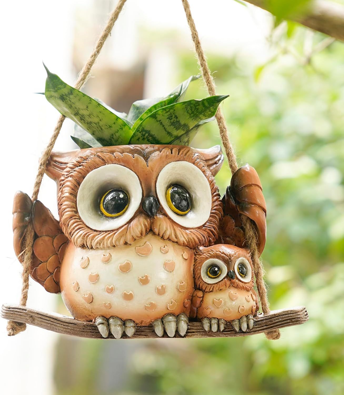 Cute Swing Owl Hanging Planters, Resin Hanging Plant Pots with Drainage Hole, Small Succulent Planter for Indoor Outdoor, Unique Plant Hanger for String of Pearls, Mother's Day Gift