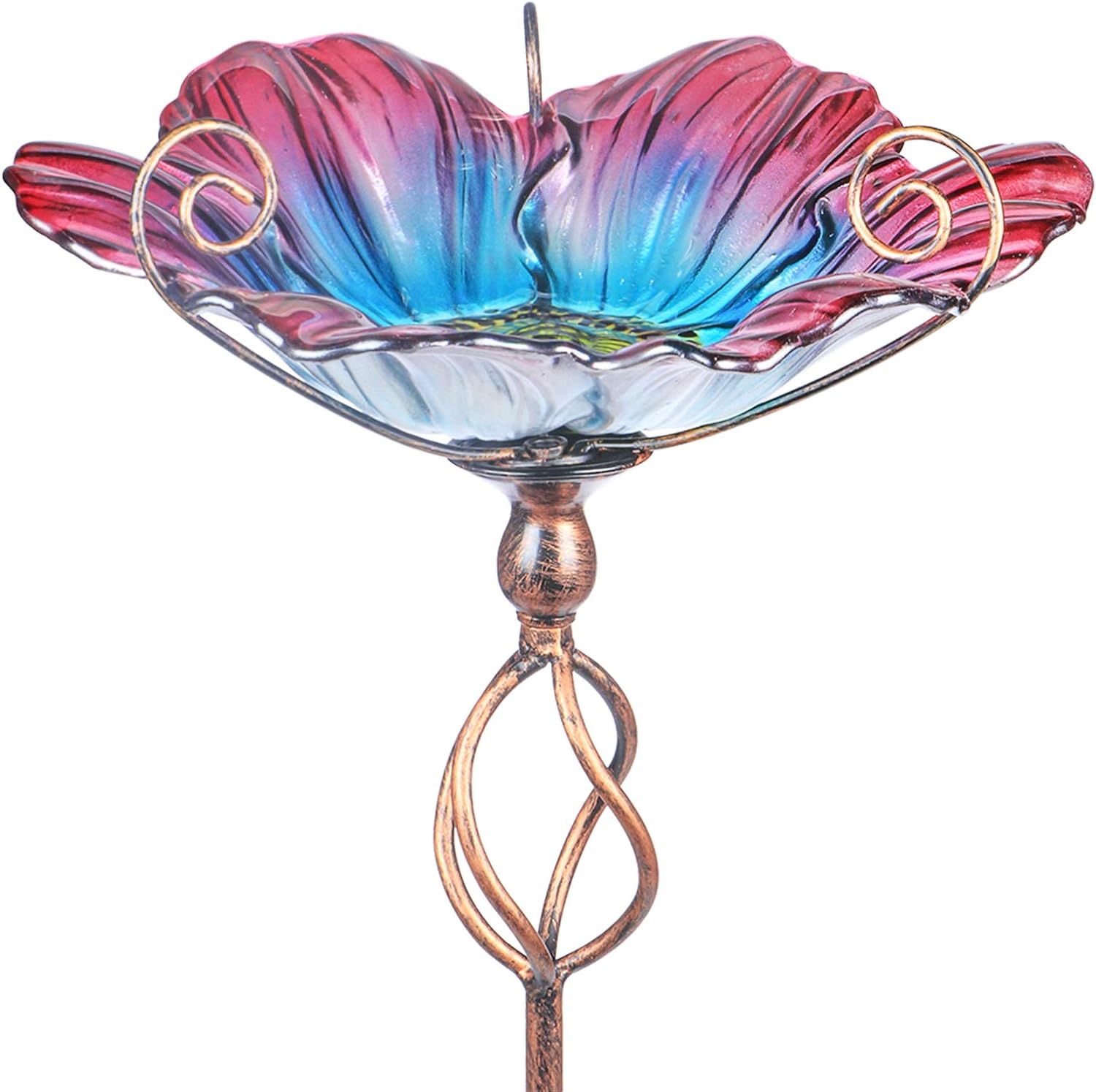 31 Inch Height Glass Birdbath Bird Feeder with Metal Stake, Blue Outdoor Garden Yard Decor