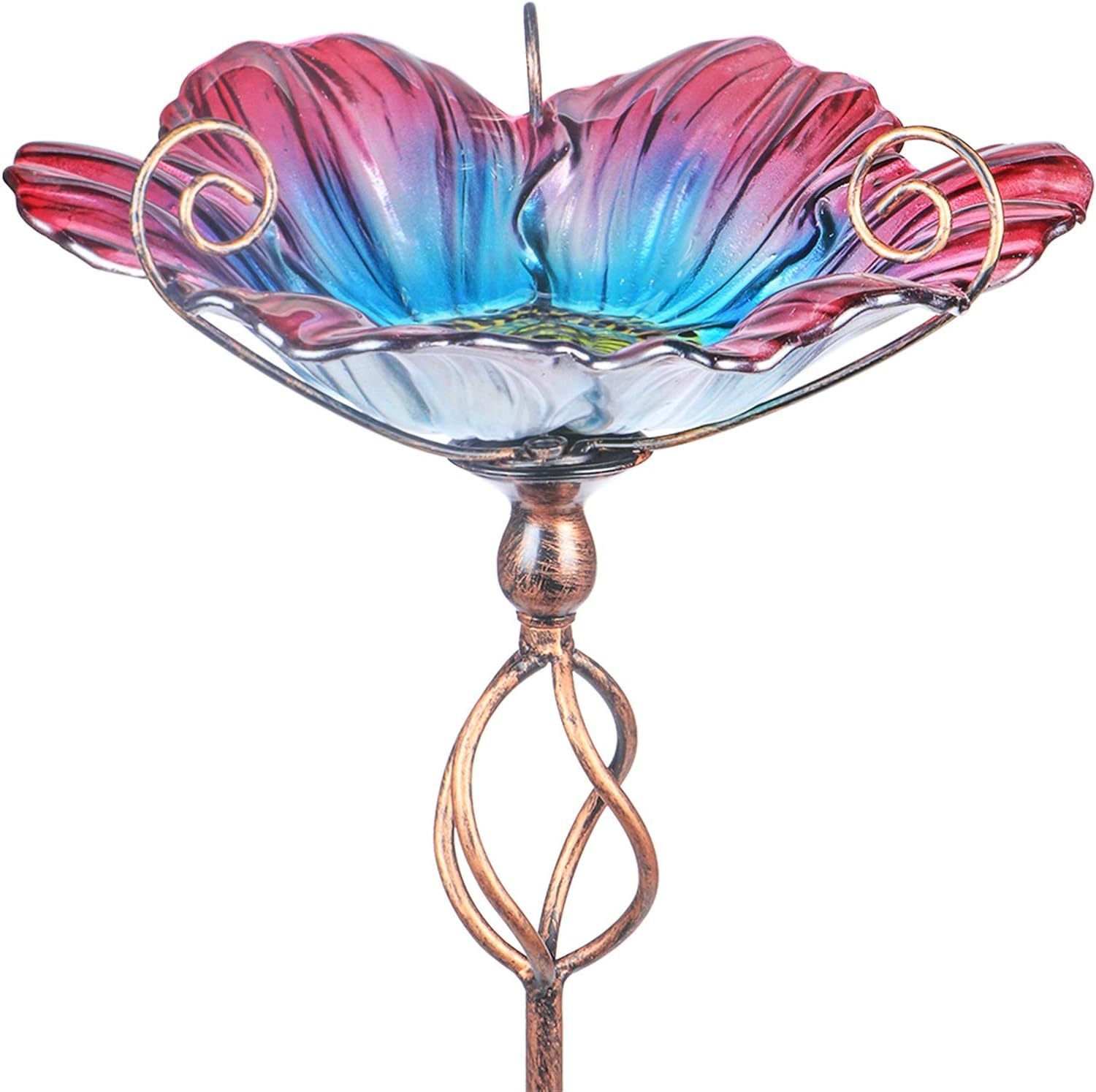 31 Inch Height Glass Birdbath Bird Feeder with Metal Stake, Blue Outdoor Garden Yard Decor