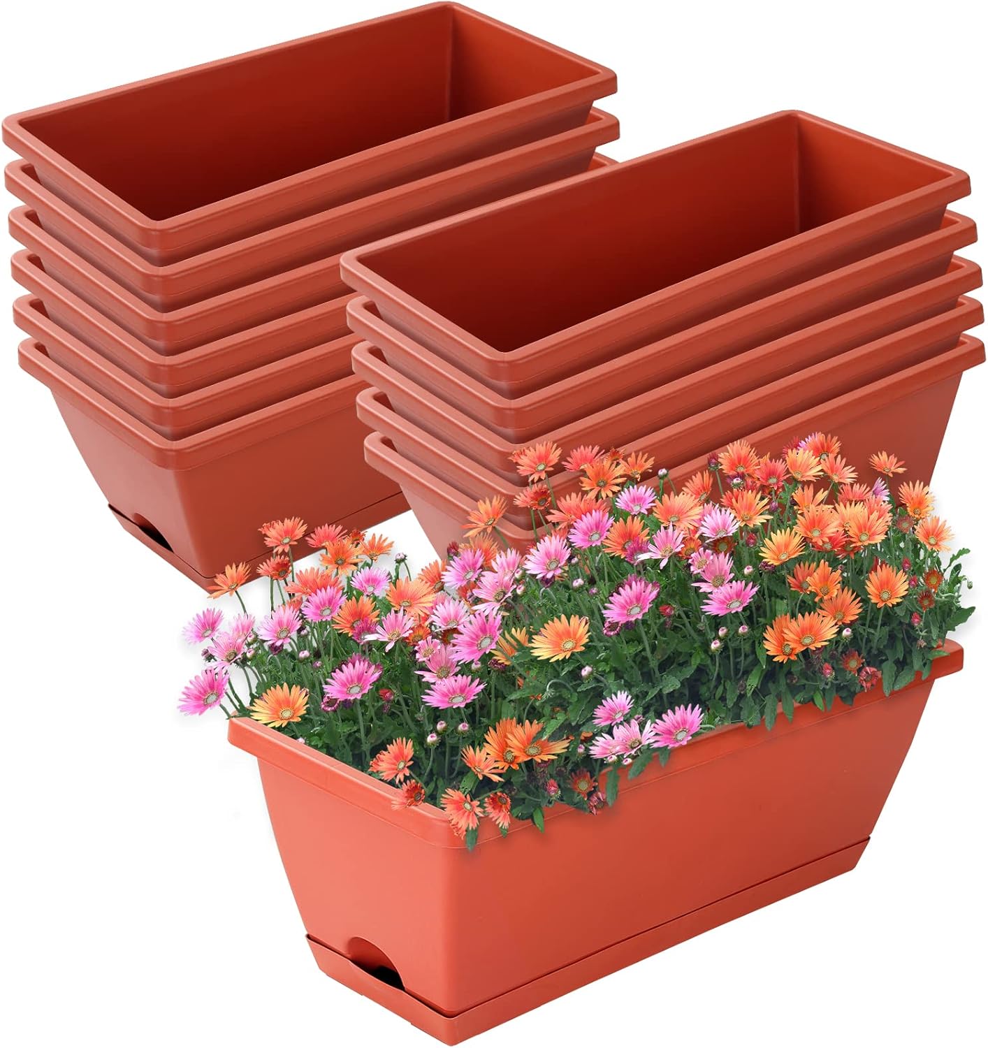 7 Pack 17 Inch Rectangular Plastic Window Box Planters with Saucers, Vegetable & Flower Planter Pots for Indoor Outdoor Garden, Patio & Home Decor