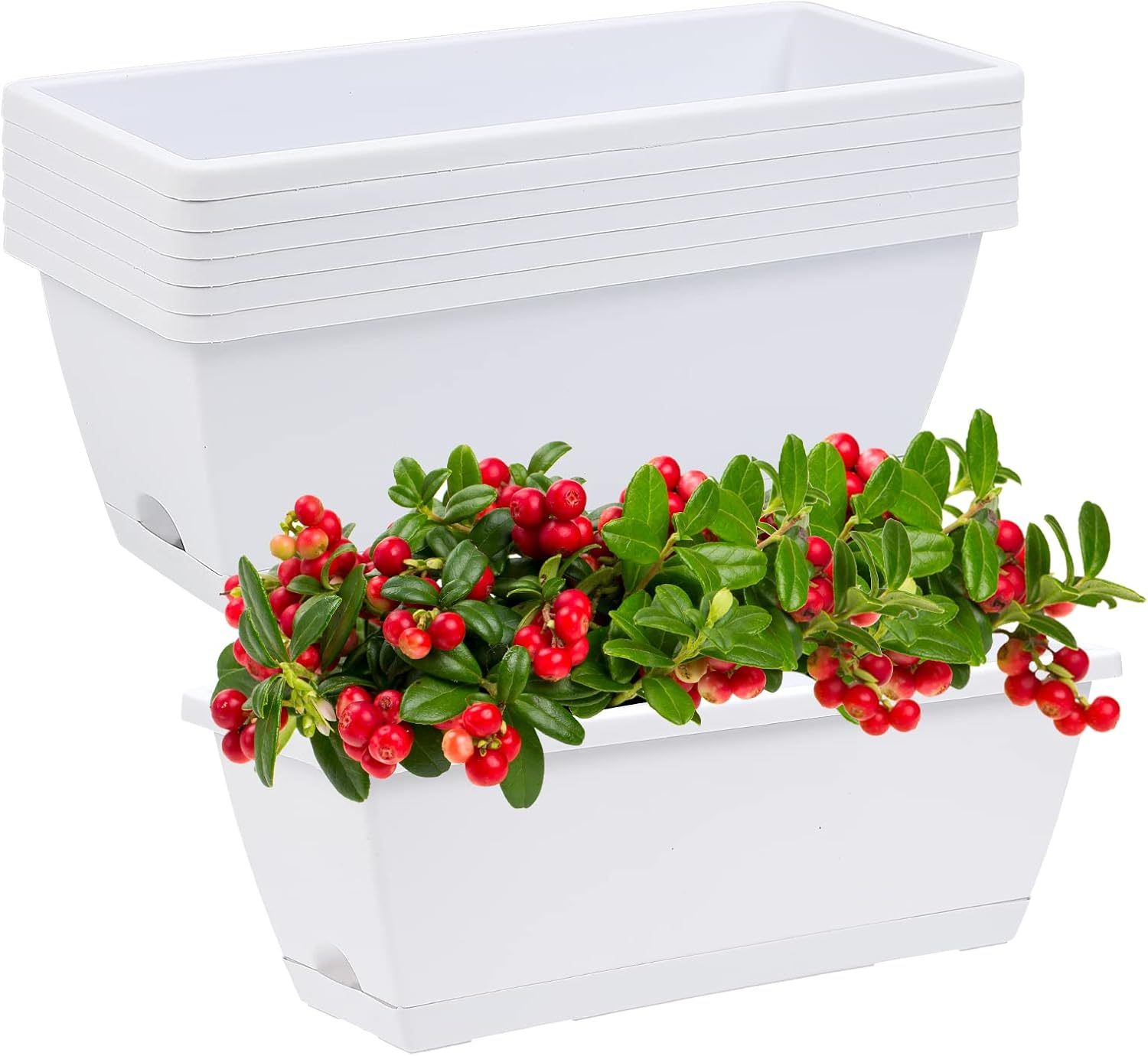7 Pack 17 Inch Rectangular Plastic Window Box Planters with Saucers, Vegetable & Flower Planter Pots for Indoor Outdoor Garden, Patio & Home Decor
