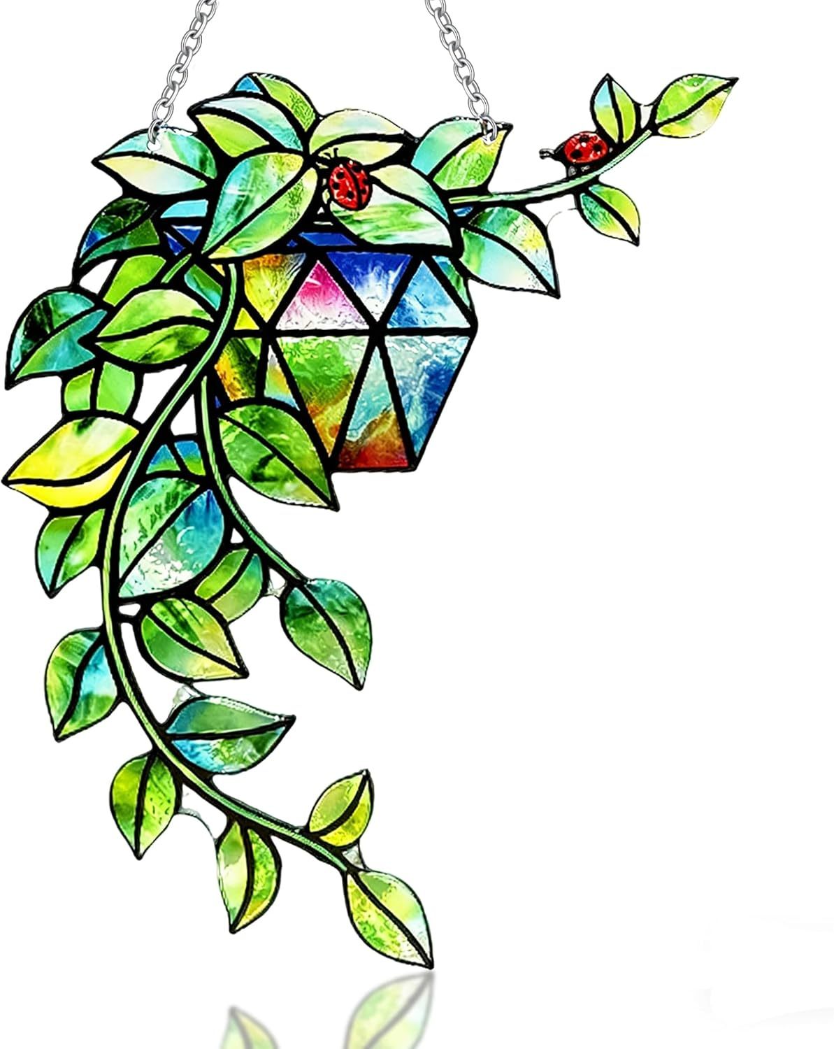 Leaf Plant Stained Glass Suncatcher, Window Hanging Ornament, Unique Gift for Nature Lovers