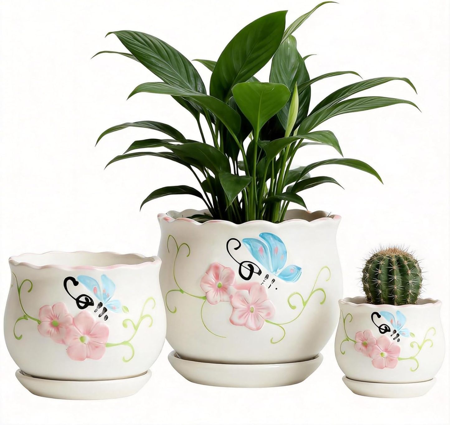 Set of 3 Vintage Ceramic Flower Pots, Round Retro Planters with Drainage Holes & Saucers, 6.7/5.2/3.9 Inch Plant Pots for Indoor Plants