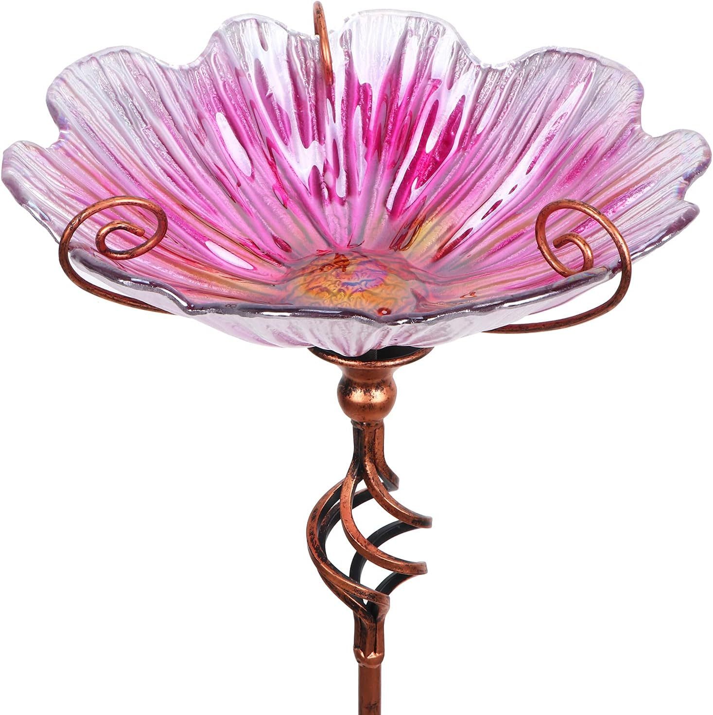 31 Inch Height Glass Birdbath Bird Feeder with Metal Stake, Blue Outdoor Garden Yard Decor