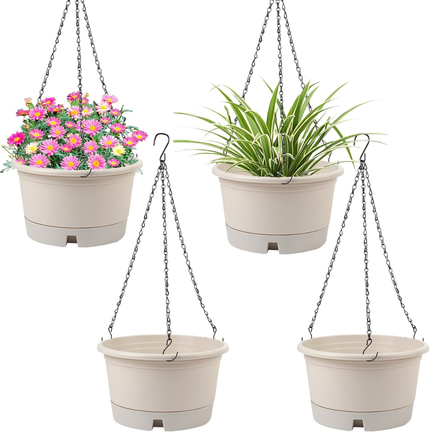 4 Pack 10 Inch Hanging Planters, Round Plastic Hanging Baskets with Removable Tray and 15.7 Inch Metal Chain, Indoor Outdoor Hanging Flower Pots for Garden Porch Balcony Patio Decor