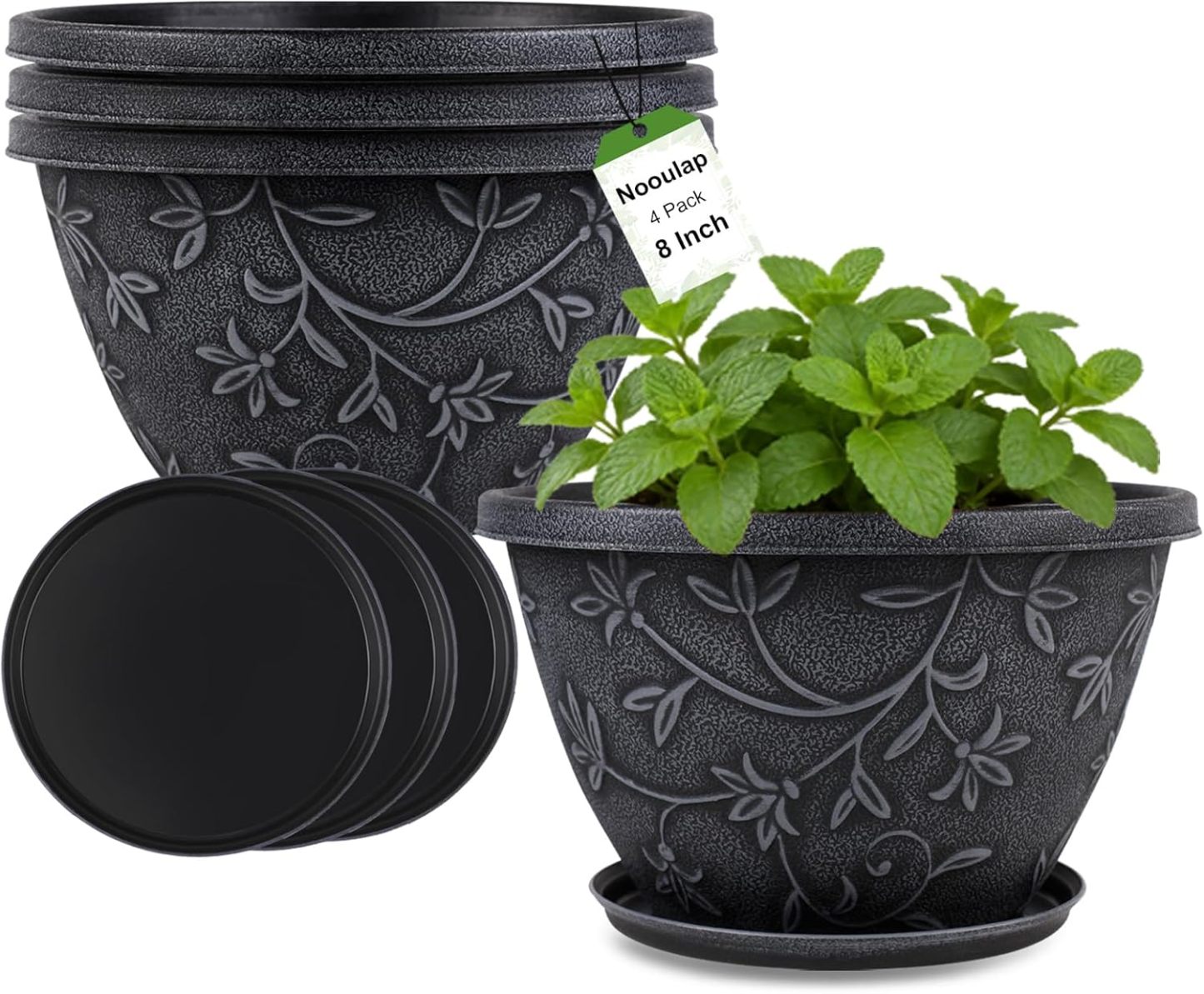 4 Pack 10 Inch Gray Imitation Magnolia Plant Pots, Lightweight Plastic Resin Flower Pots with Drainage Hole & Saucer for Indoor Outdoor Garden Home