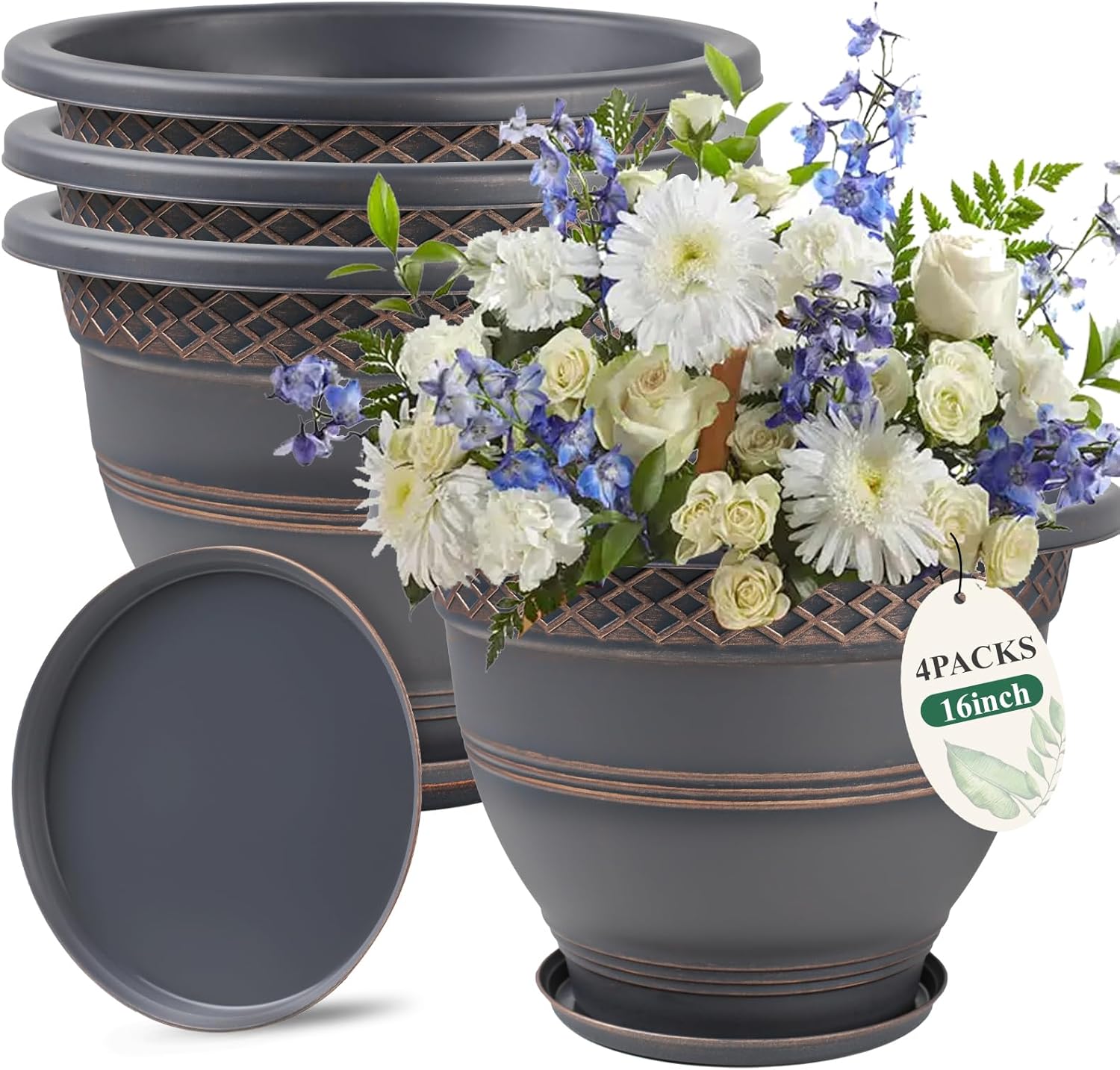 4 Pack 10 Inch Plastic Plant Pots with Drainage Holes & Saucers, Plaid Pattern Planters for Indoor Outdoor Herbs & Garden