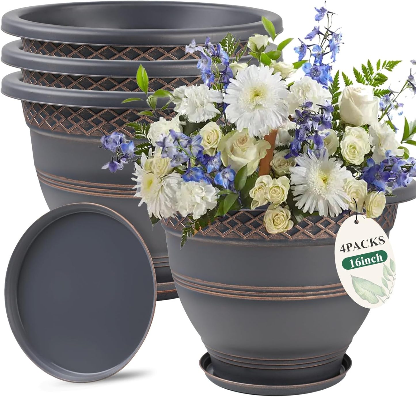 4 Pack 10 Inch Plastic Plant Pots with Drainage Holes & Saucers, Plaid Pattern Planters for Indoor Outdoor Herbs & Garden
