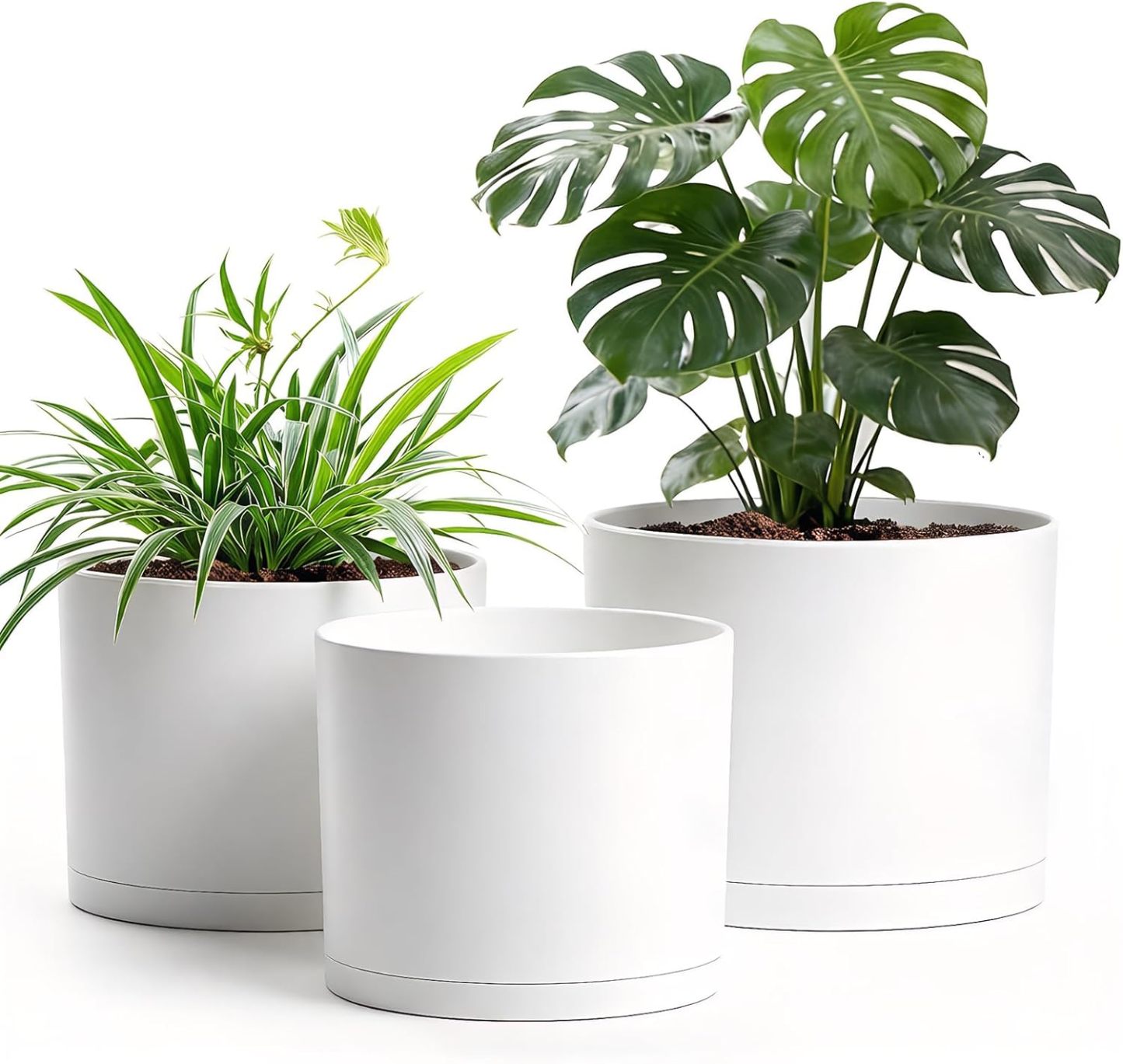 10/9/8 Inch Modern Cylinder Plant Pots with Drainage Holes & Trays, 3 Pack Minimalist Planters for Indoor & Outdoor Use, Perfect for Monstera, Snake Plant & More
