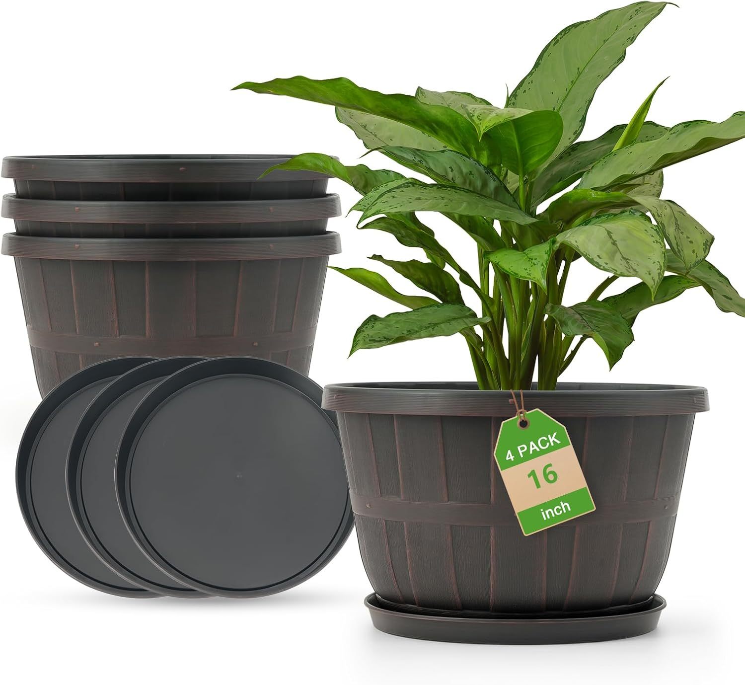 10 Inch Plastic Flower Pots 4 Pack, Large Outdoor Planter Pots with Drainage Holes & Saucers, Imitation Wine Barrel Design, Brown Planters for Indoor & Outdoor Garden Plants