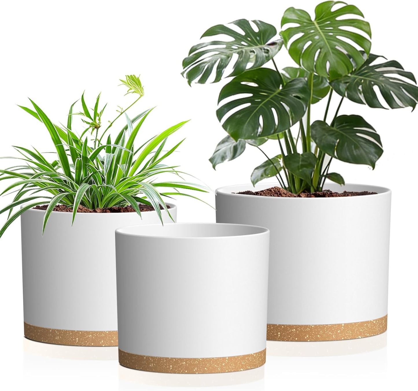 10/9/8 Inch Modern Cylinder Plant Pots with Drainage Holes & Trays, 3 Pack Minimalist Planters for Indoor & Outdoor Use, Perfect for Monstera, Snake Plant & More
