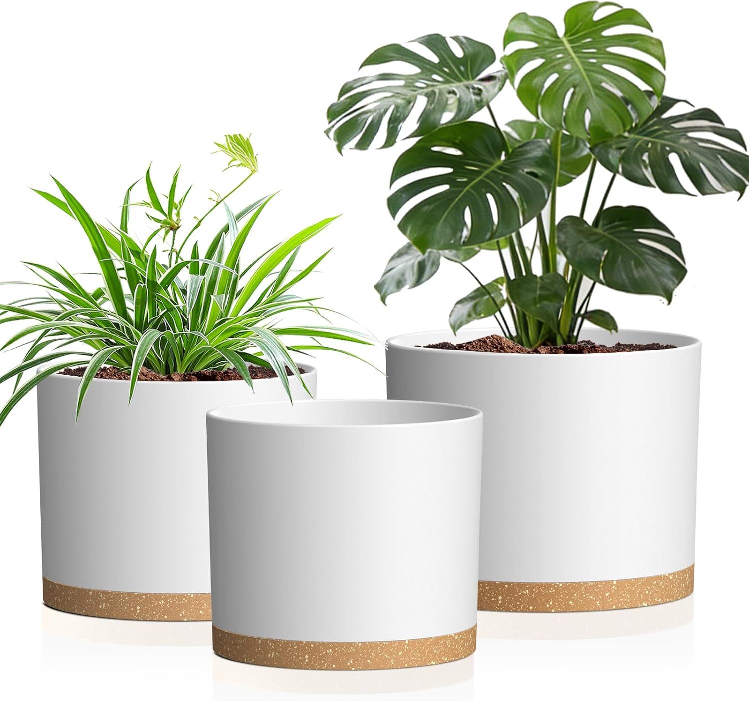 10/9/8 Inch Modern Cylinder Plant Pots with Drainage Holes & Trays, 3 Pack Minimalist Planters for Indoor & Outdoor Use, Perfect for Monstera, Snake Plant & More