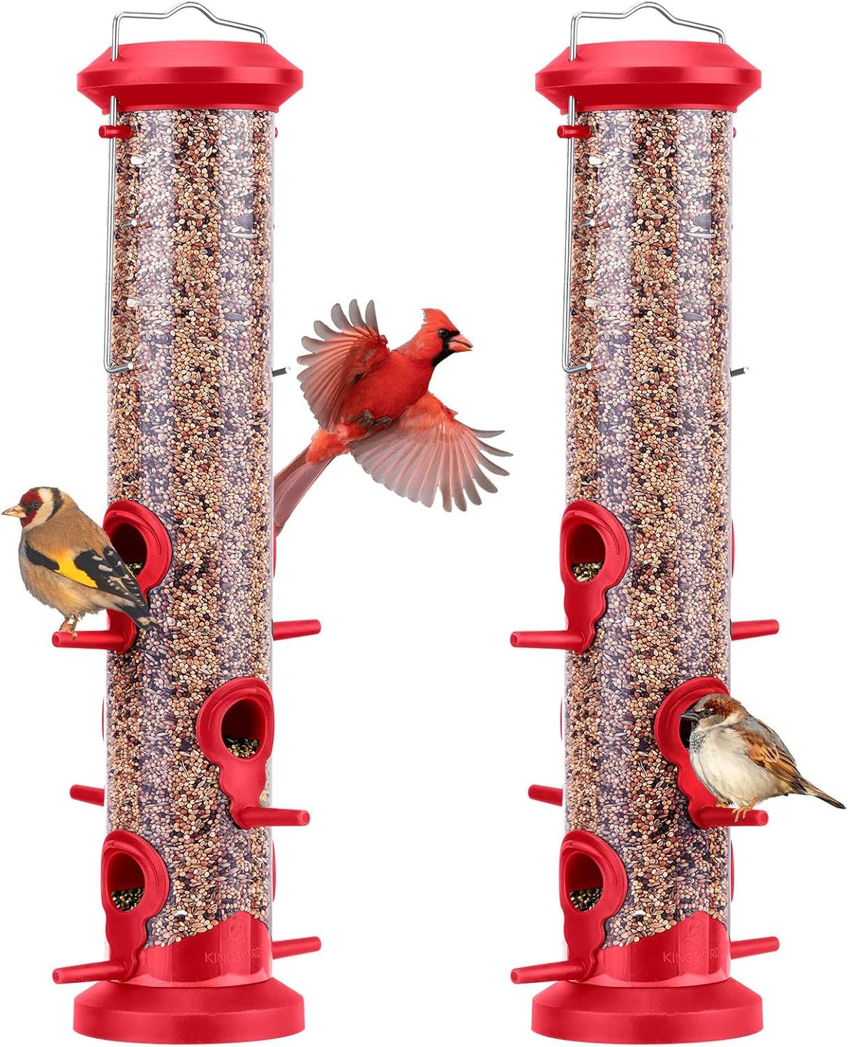 2 Pack Tube Bird Feeders 6 Feeding Ports Outdoor Hanging, Weatherproof Hard Plastic Wild Bird Feeder with Steel Hanger for Garden Yard