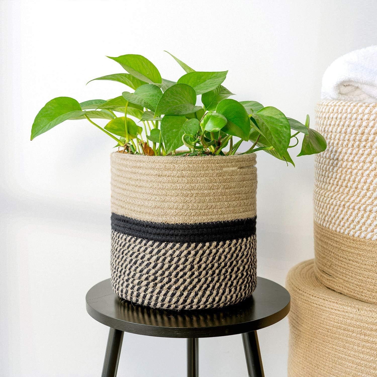 11” x 11” Sturdy Jute Rope Plant Basket, Modern Woven Planter for 10" Flower Pots, Black & Beige Stripes Rustic Home Decor & Storage Organizer