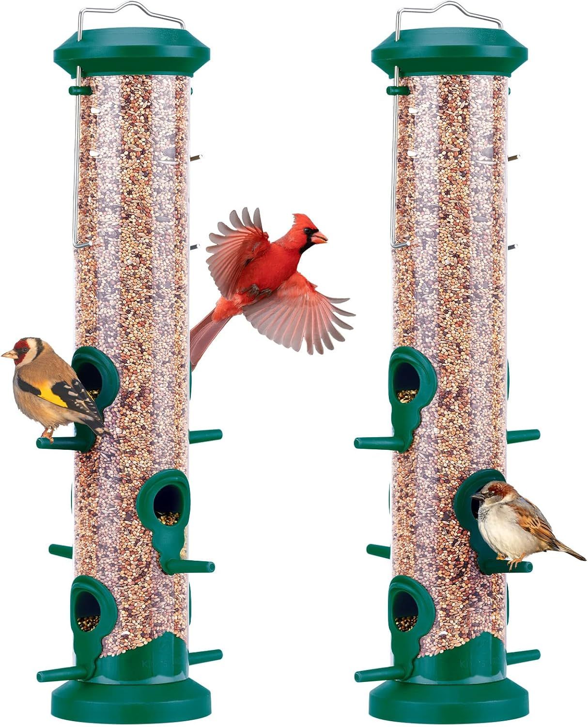 2 Pack Tube Bird Feeders 6 Feeding Ports Outdoor Hanging, Weatherproof Hard Plastic Wild Bird Feeder with Steel Hanger for Garden Yard