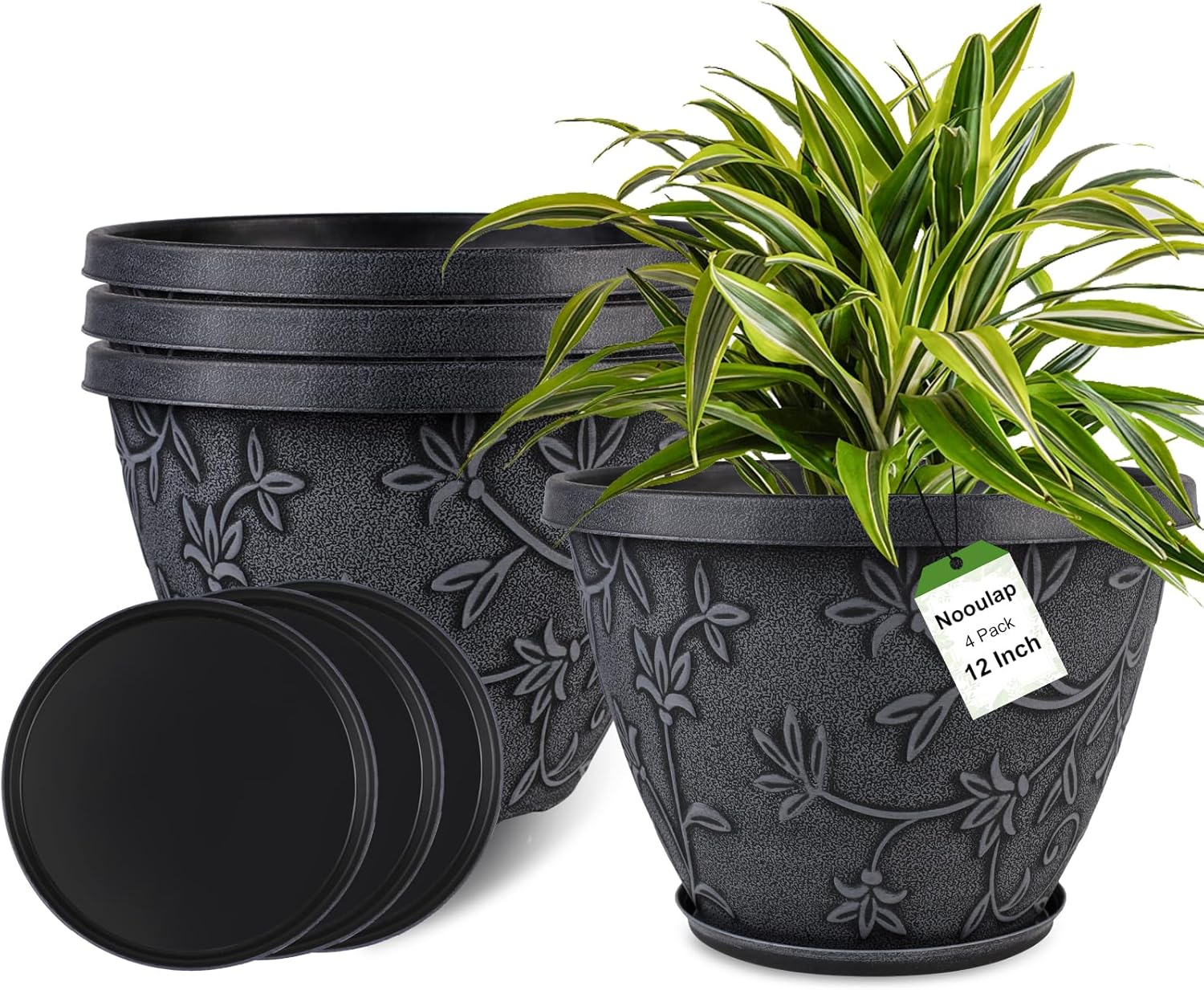 4 Pack 10 Inch Gray Imitation Magnolia Plant Pots, Lightweight Plastic Resin Flower Pots with Drainage Hole & Saucer for Indoor Outdoor Garden Home