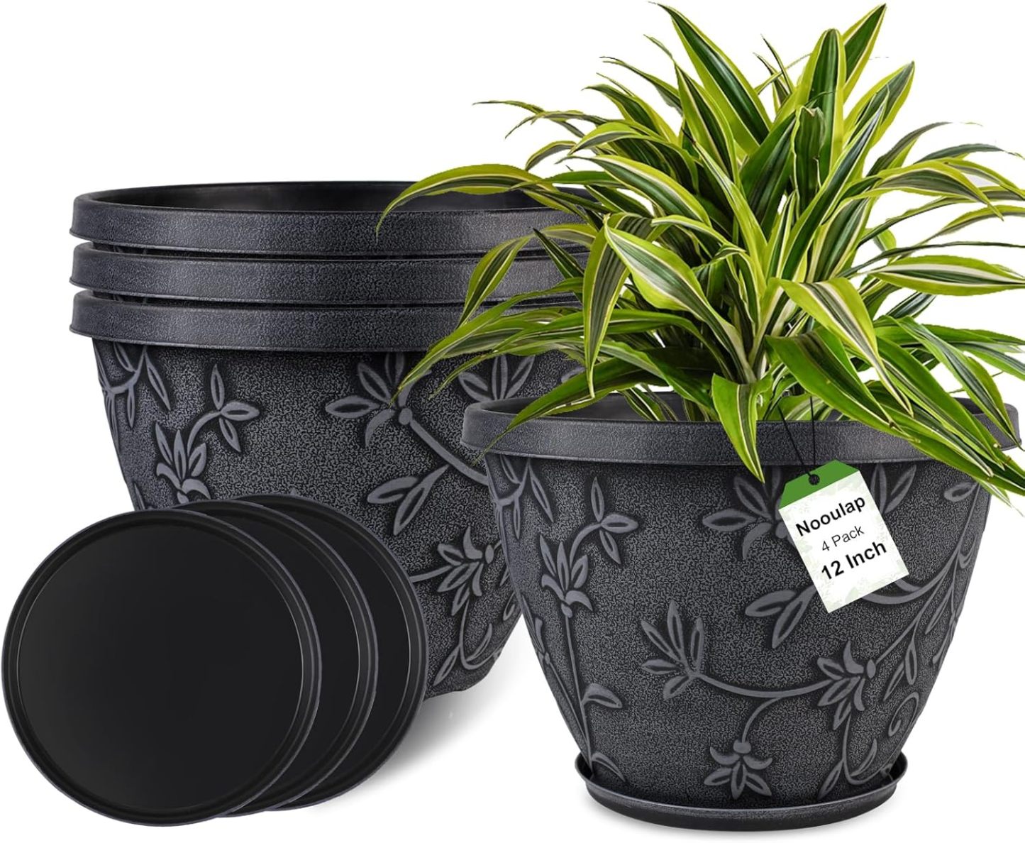 4 Pack 10 Inch Gray Imitation Magnolia Plant Pots, Lightweight Plastic Resin Flower Pots with Drainage Hole & Saucer for Indoor Outdoor Garden Home