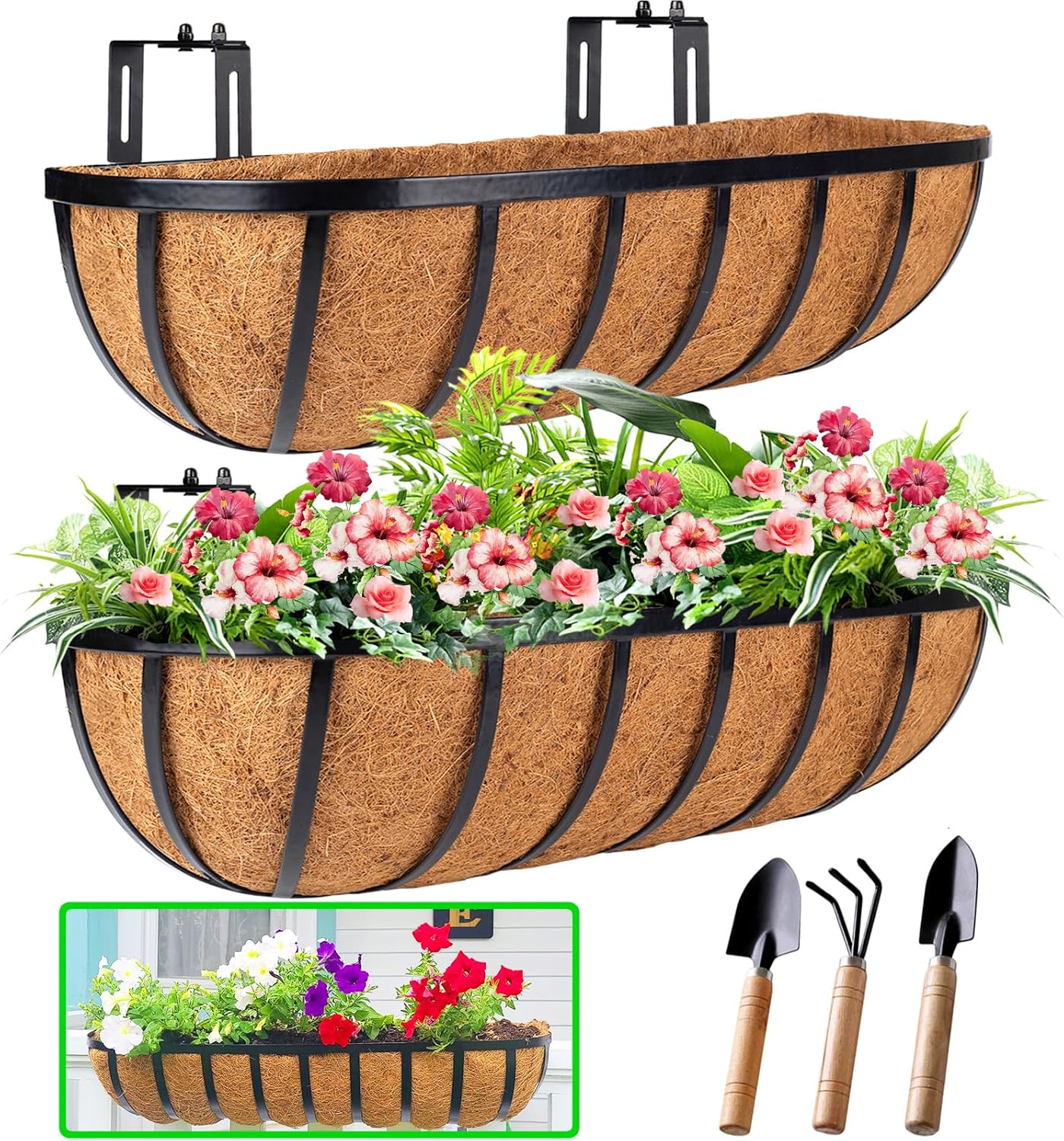 24 Inch Hanging Railing Planter Boxes, Outdoor Window Planters for Deck Balcony Fence Garden Decor