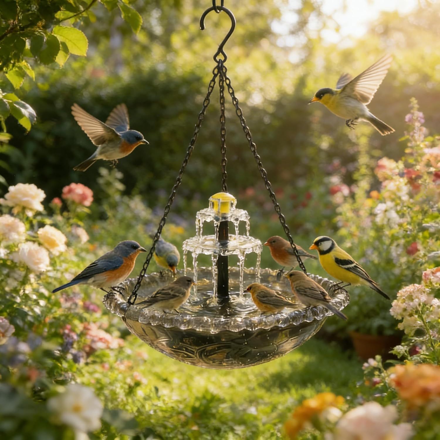 Upgrade 3-Layer Hanging Solar Bird Bath Fountain, Solar Powered Cascading Water Fountain, Outdoor Hummingbird Bath for Garden Yard Patio Backyard Lawn Decor