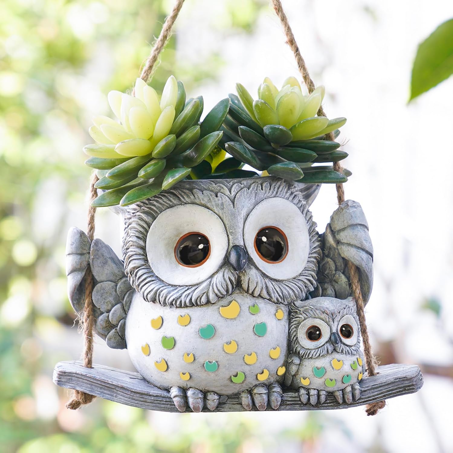 Cute Swing Owl Hanging Planters, Resin Hanging Plant Pots with Drainage Hole, Small Succulent Planter for Indoor Outdoor, Unique Plant Hanger for String of Pearls, Mother's Day Gift