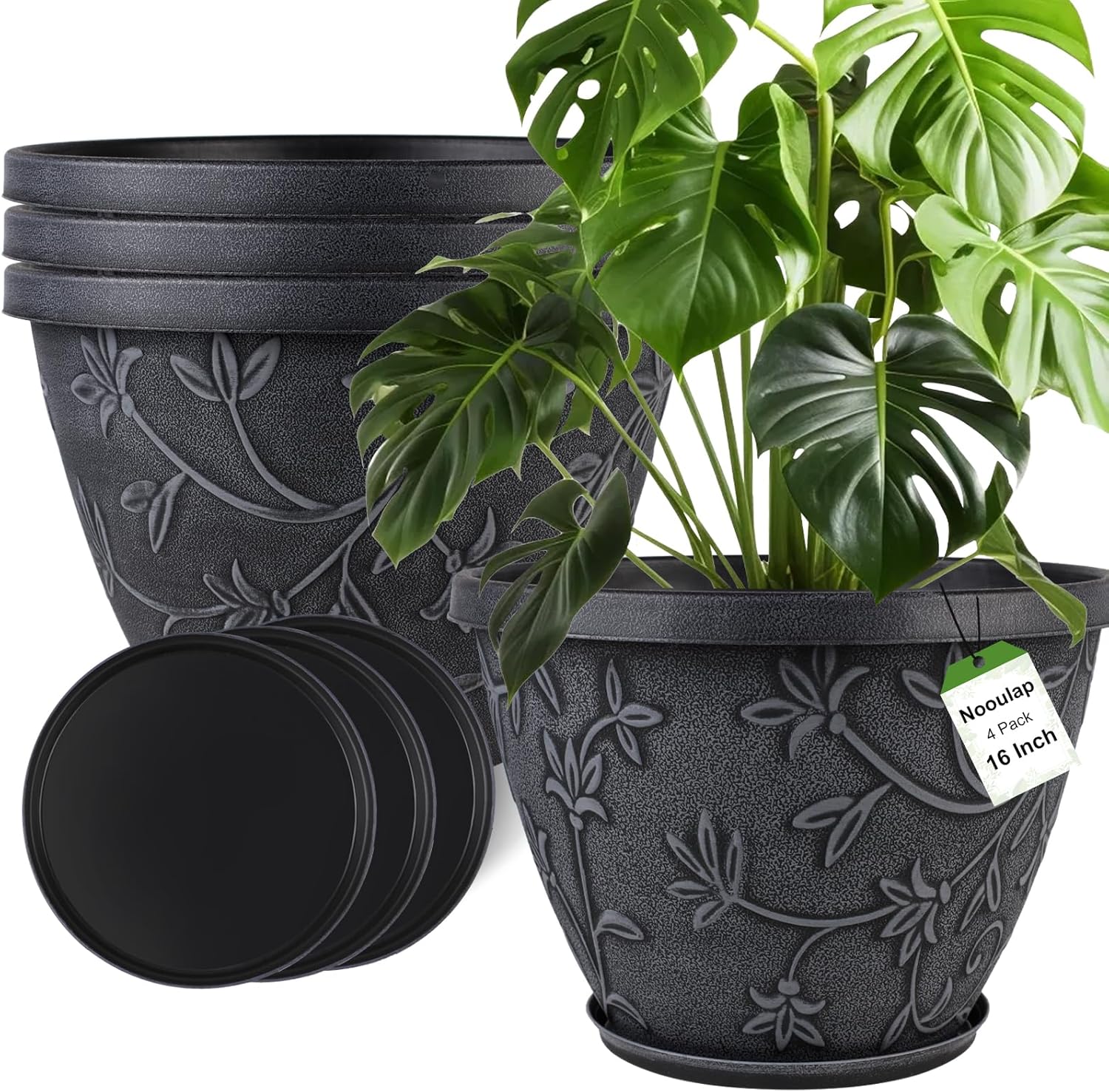 4 Pack 10 Inch Gray Imitation Magnolia Plant Pots, Lightweight Plastic Resin Flower Pots with Drainage Hole & Saucer for Indoor Outdoor Garden Home