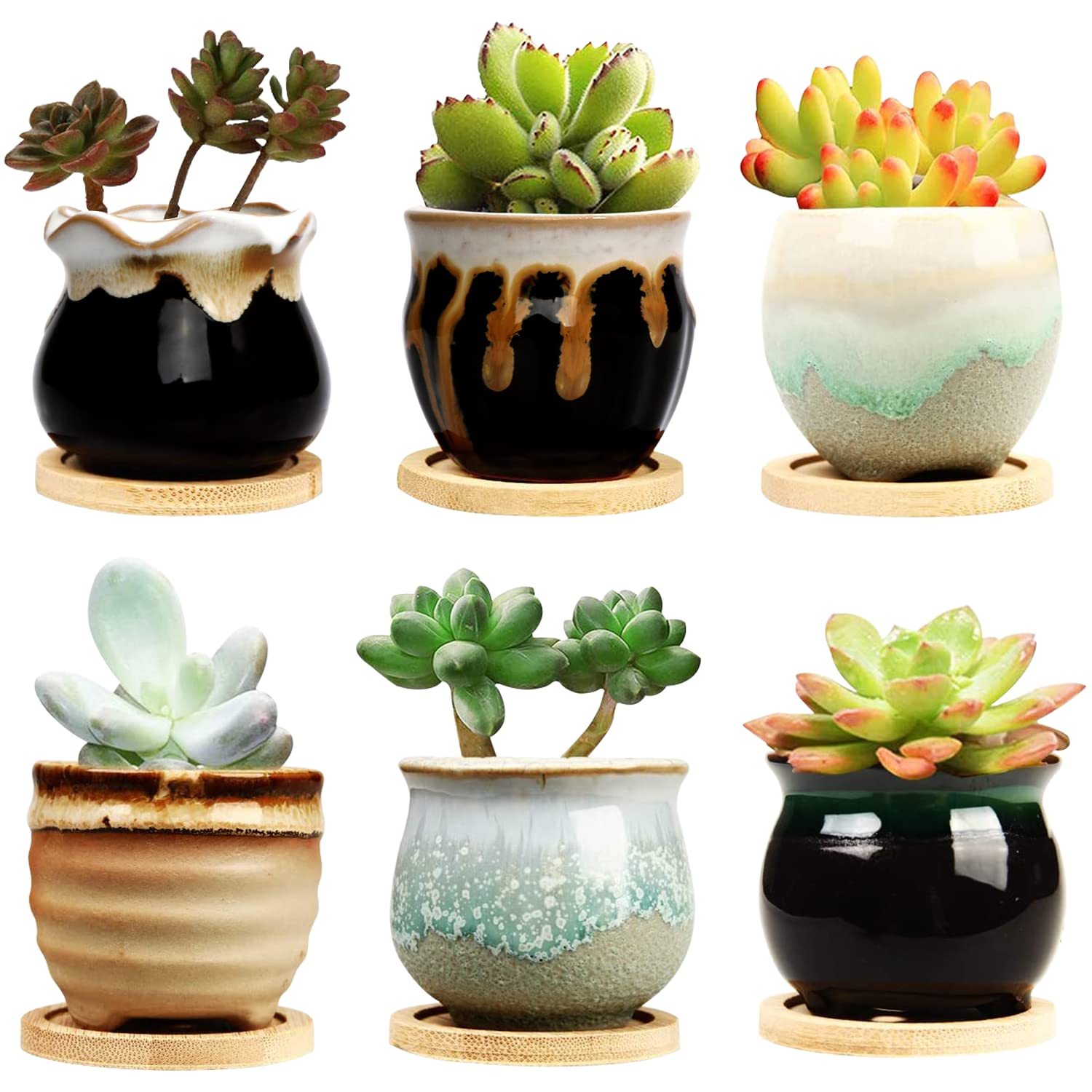 2.1 Inch Ceramic Succulent Pots with Drainage Holes, Mini Flowing Glaze Planters for Small Indoor Plants
