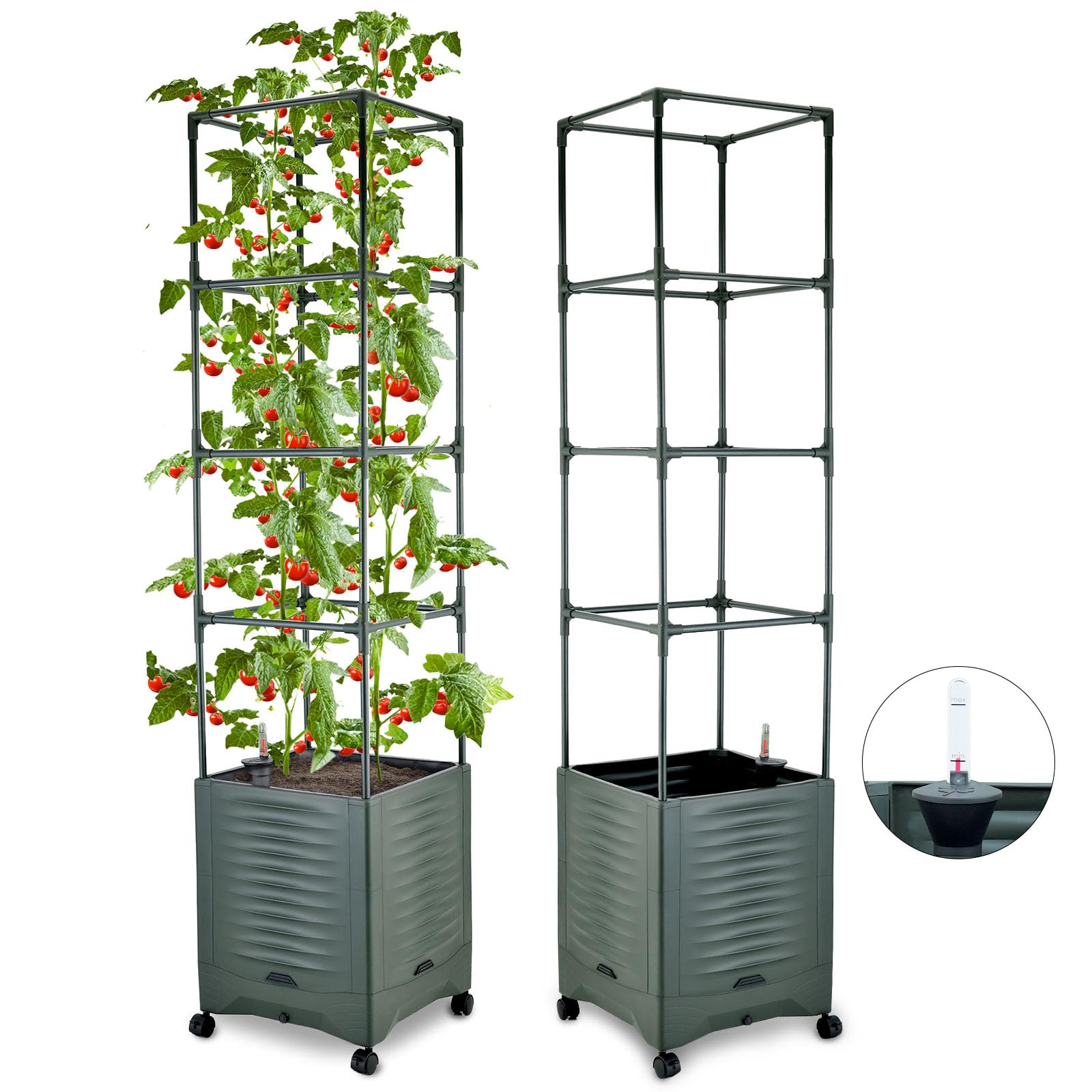 56.5" Tall Tomato Planter Pot with Self-Watering System & Water Level Indicator, Raised Garden Bed with Metal Trellis for Climbing Plants, Large Water Reservoir Planter for Indoor & Outdoor Use (Single Planter)