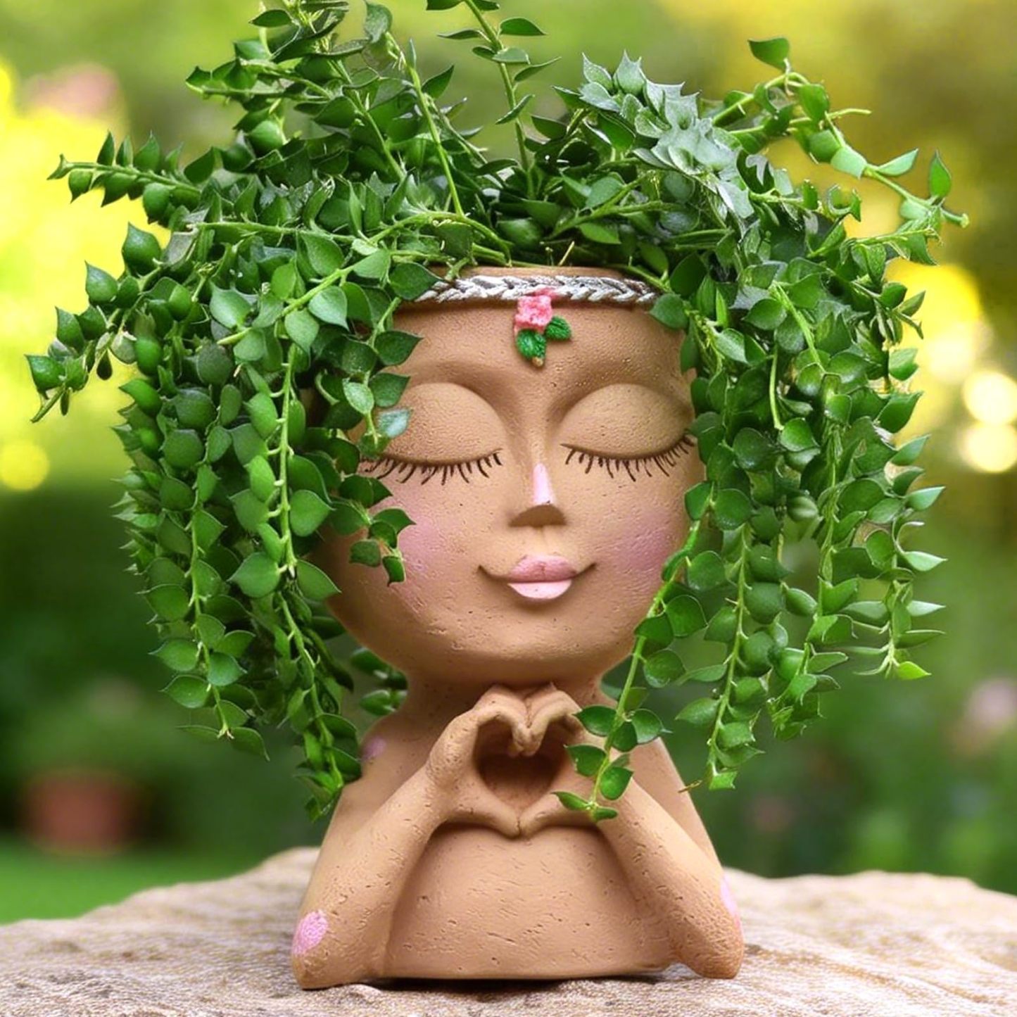 7.3" Heart Hands Face Planter Pot, Resin Head Planter with Drainage Hole, Cute Succulent Planter for Indoor Plants, Gardening Gift for Women, Mom & Teacher