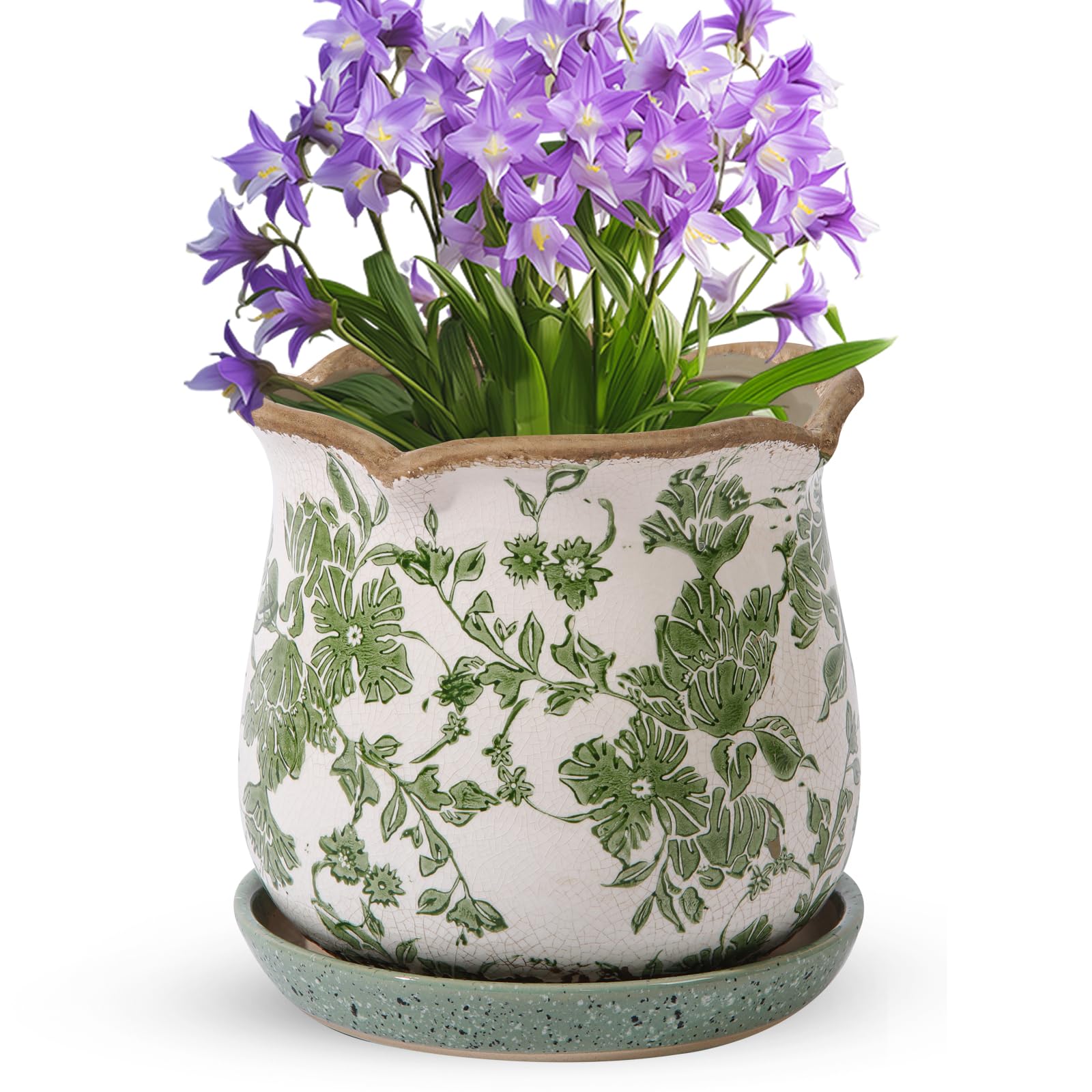 6 Inch Vintage Ice Crack Glaze Ceramic Planters with Saucer & Drainage Holes, Decorative Tuscan Flower Pots for Indoor Outdoor Plants, Home & Garden Decor